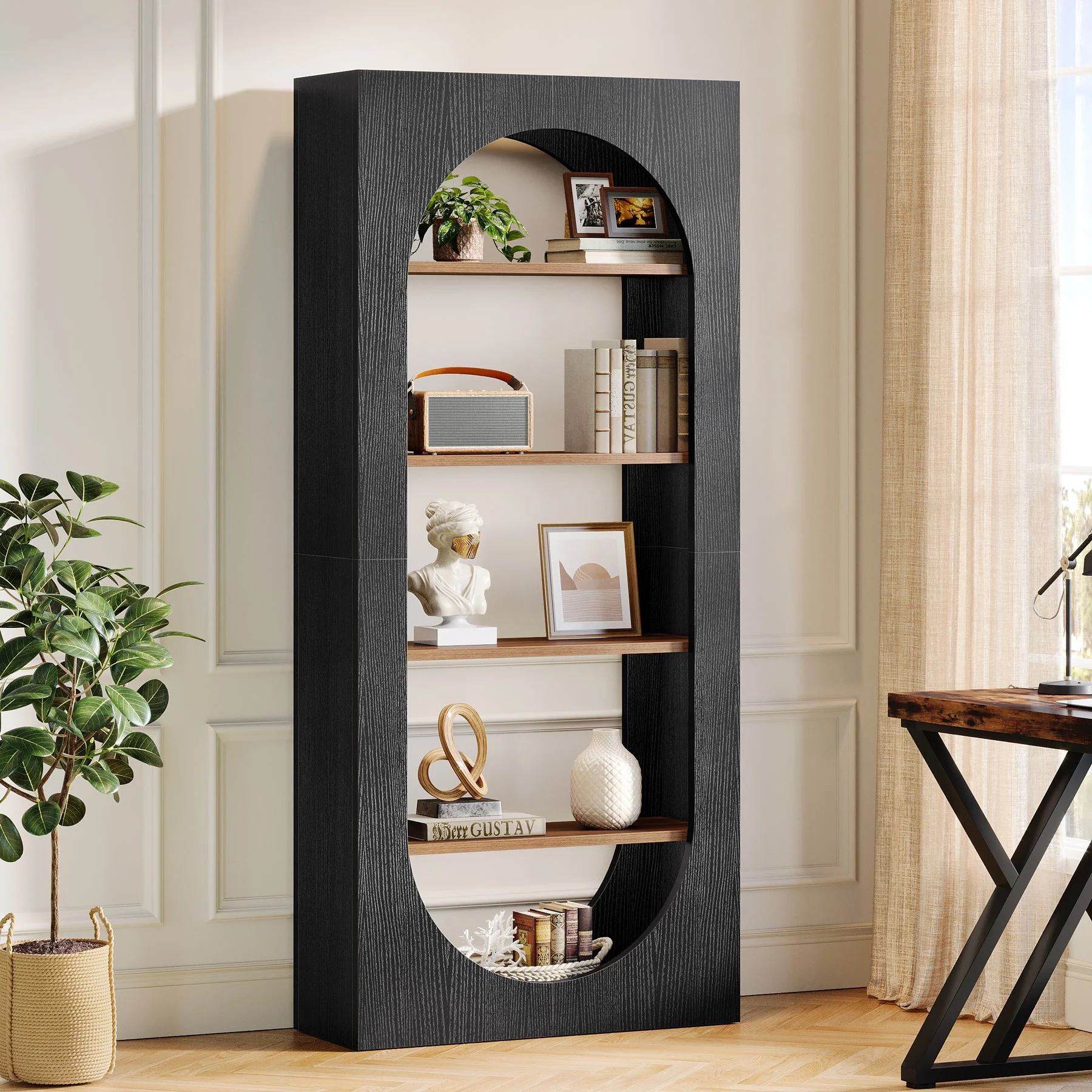 70.8-Inch Arched Bookcase, 5-Tier Freestanding Modern Tall Bookshelf