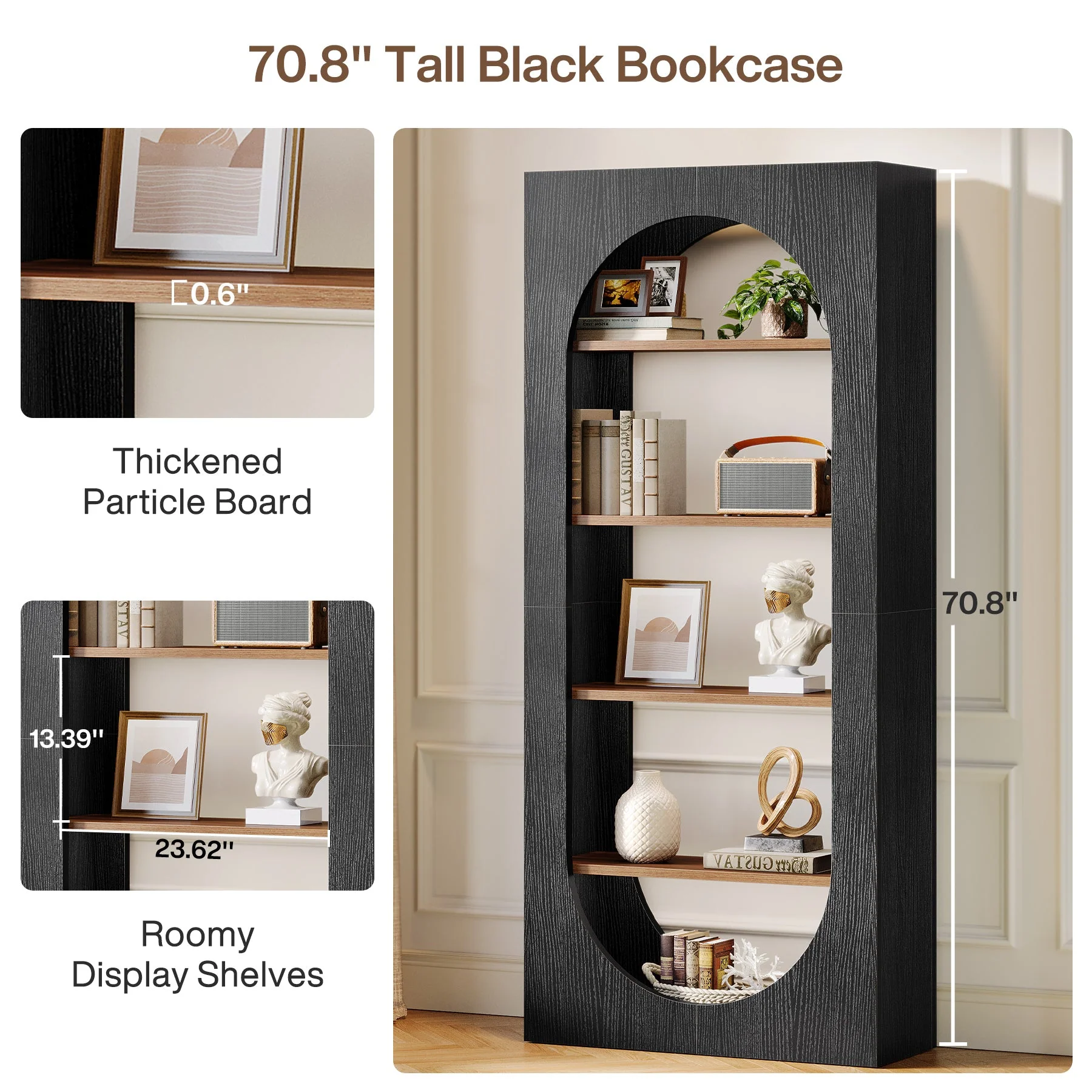 70.8-Inch Arched Bookcase, 5-Tier Freestanding Modern Tall Bookshelf - Image 5