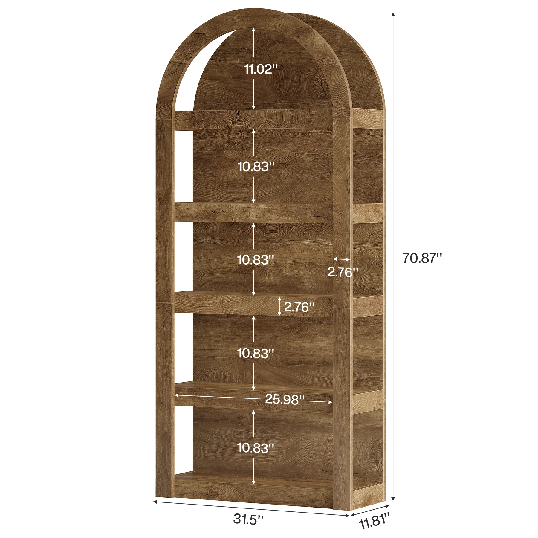 5-Tier Arched Bookshelf, 71" Tall Rack Bookcase Display Shelf for Home Office - Image 2