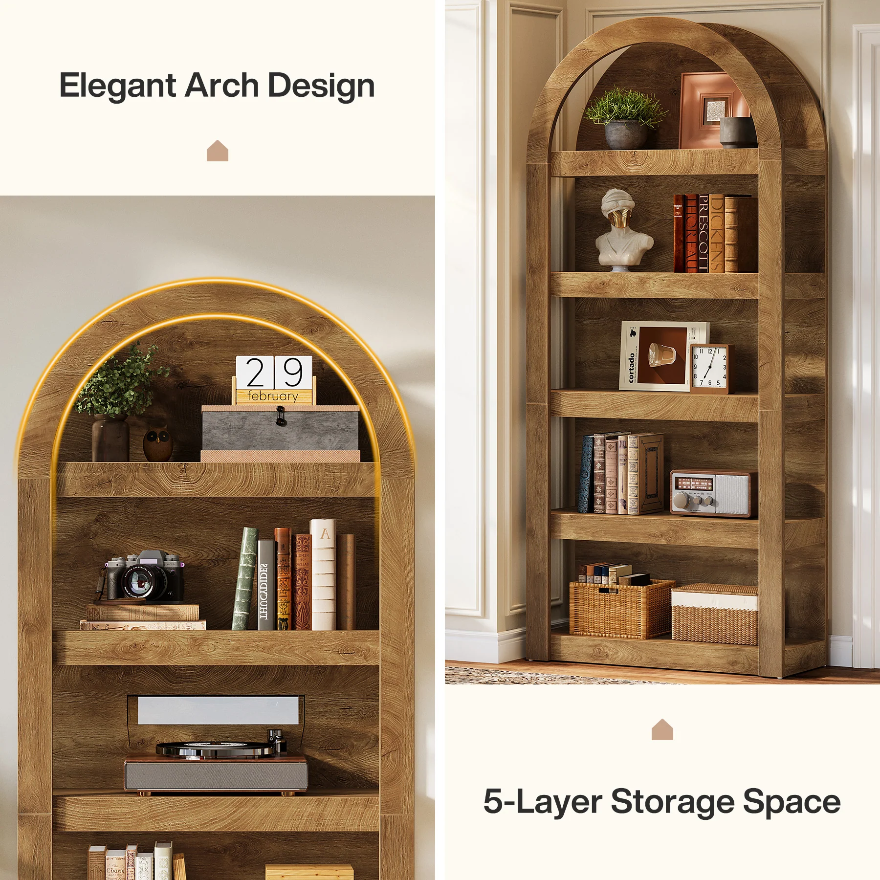 5-Tier Arched Bookshelf, 71" Tall Rack Bookcase Display Shelf for Home Office - Image 7