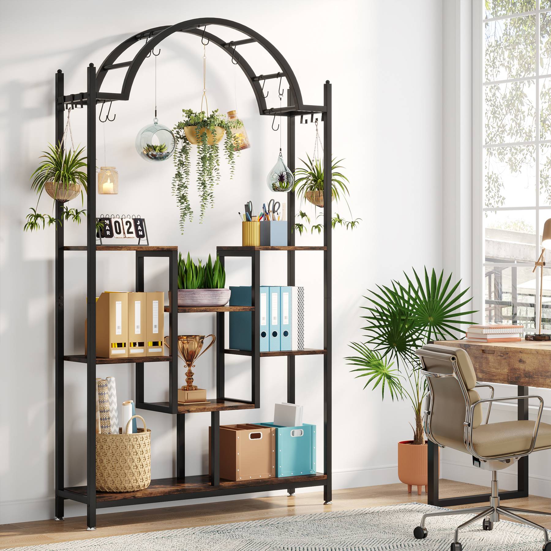 Arched Plant Stand, 74.8" Flower Stands with Hanging Hooks - Image 4