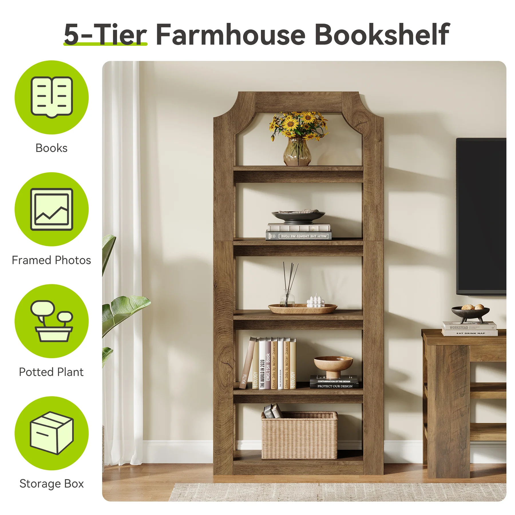 5-Tier Bookshelf, 70.9" Freestanding Bookcase with Open Storage Shelves - Image 8