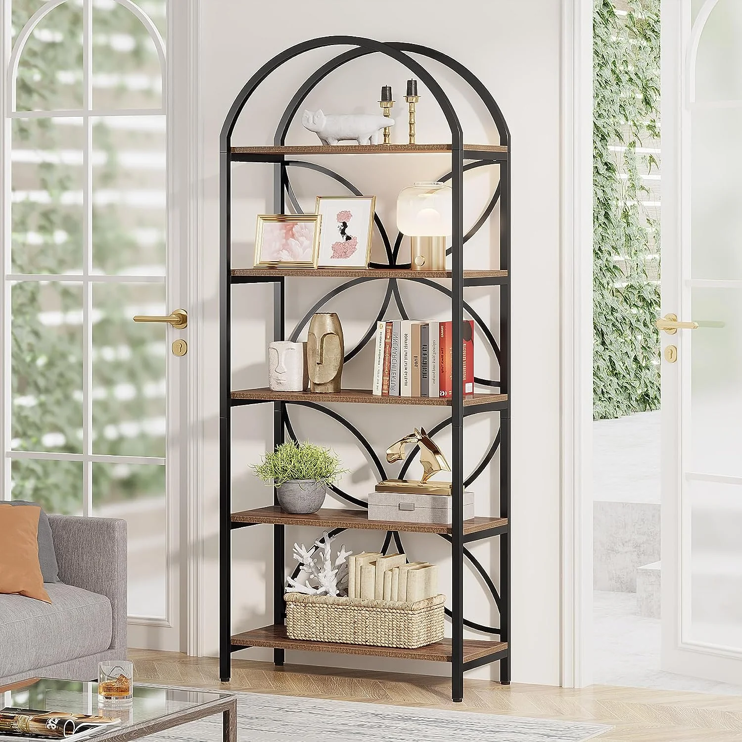 5-Tier Bookshelf, 75" Tall Arched Bookcase Display Rack - Image 3