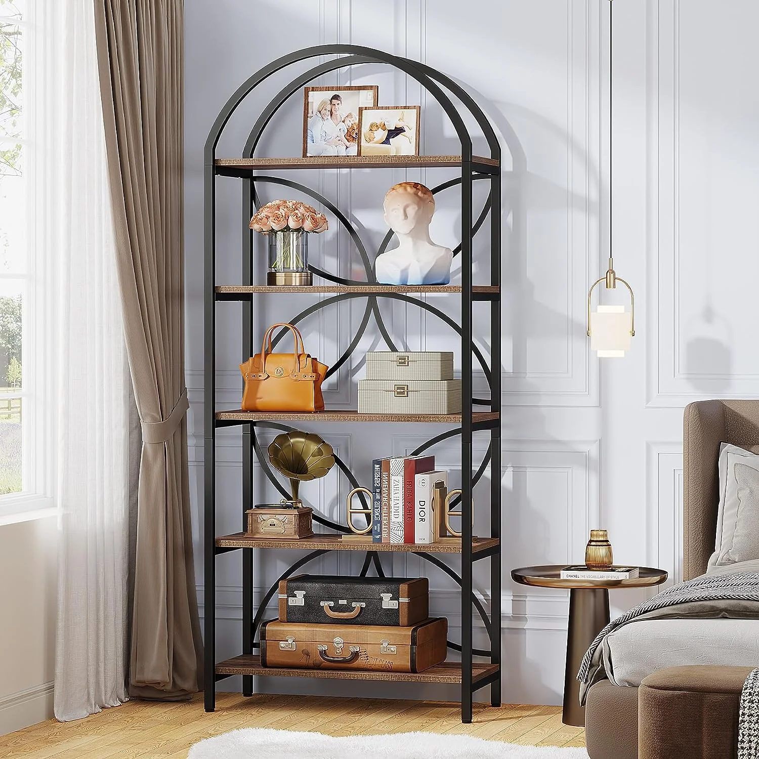 5-Tier Bookshelf, 75" Tall Arched Bookcase Display Rack - Image 4
