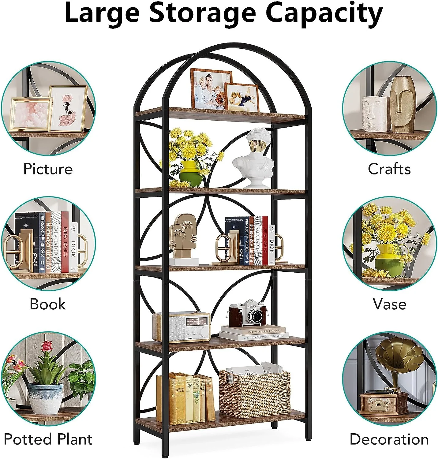 5-Tier Bookshelf, 75" Tall Arched Bookcase Display Rack - Image 5