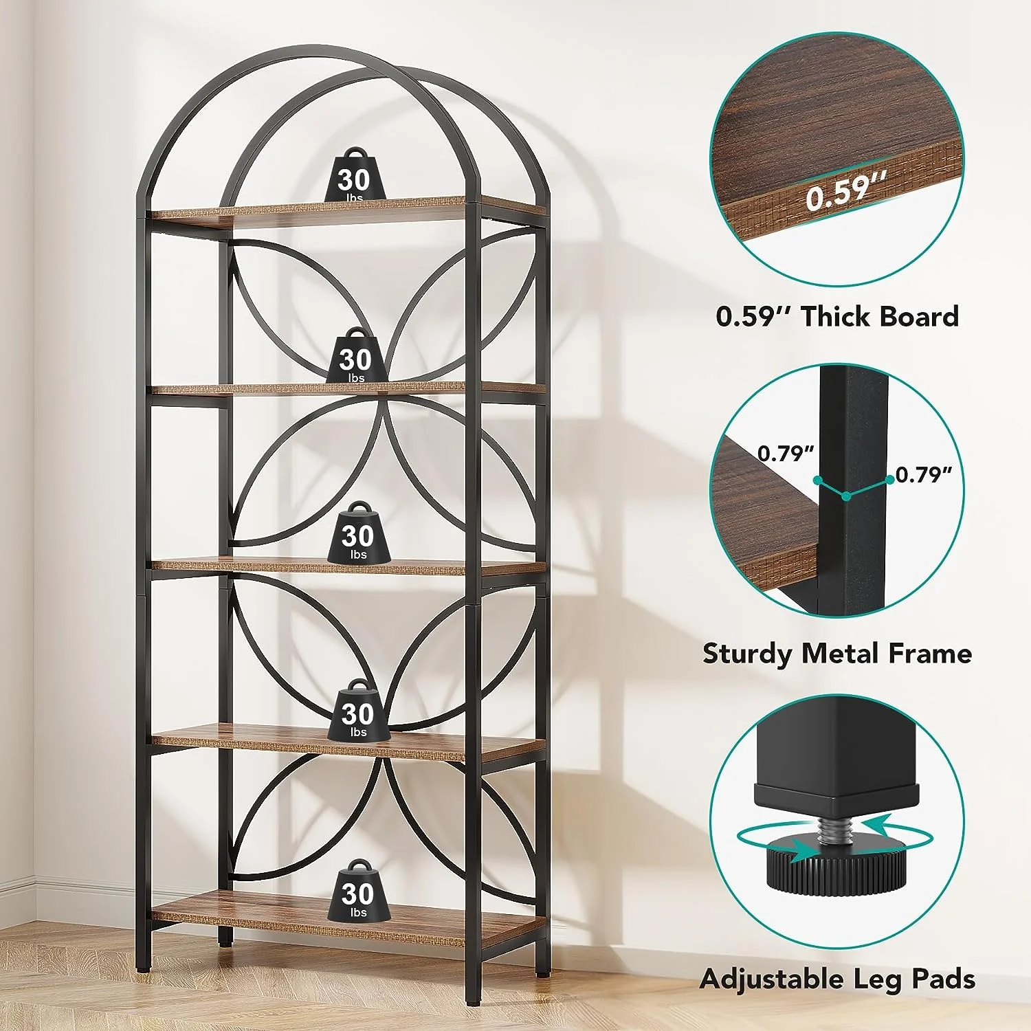 5-Tier Bookshelf, 75" Tall Arched Bookcase Display Rack - Image 6