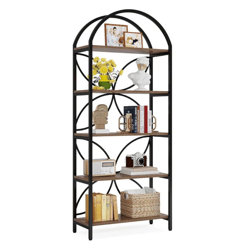 5-Tier Bookshelf, 75" Tall Arched Bookcase Display Rack - Image 8