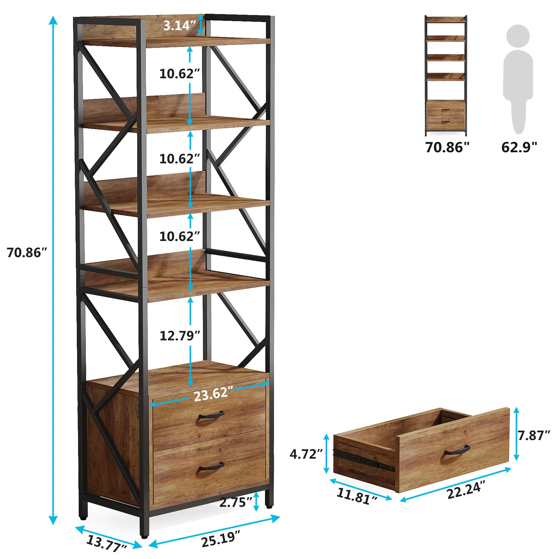 70.86" Bookshelf, Industrial 5-Tier Bookcase with 2 Drawers - Image 2