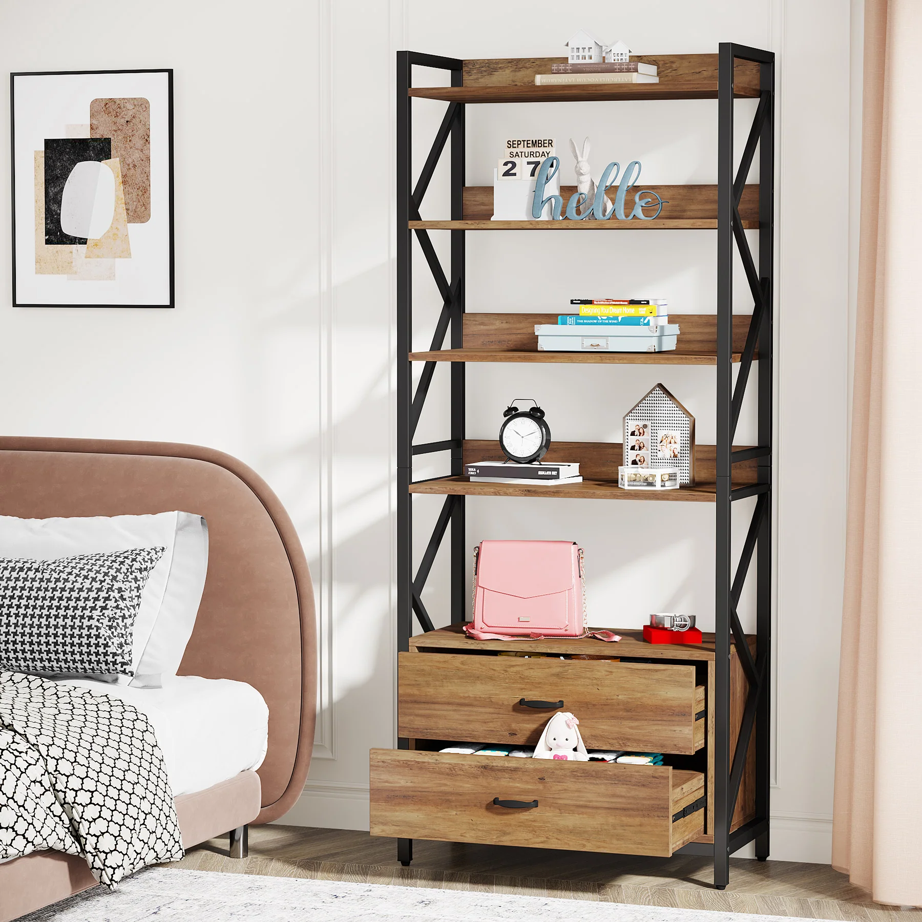 70.86" Bookshelf, Industrial 5-Tier Bookcase with 2 Drawers - Image 3