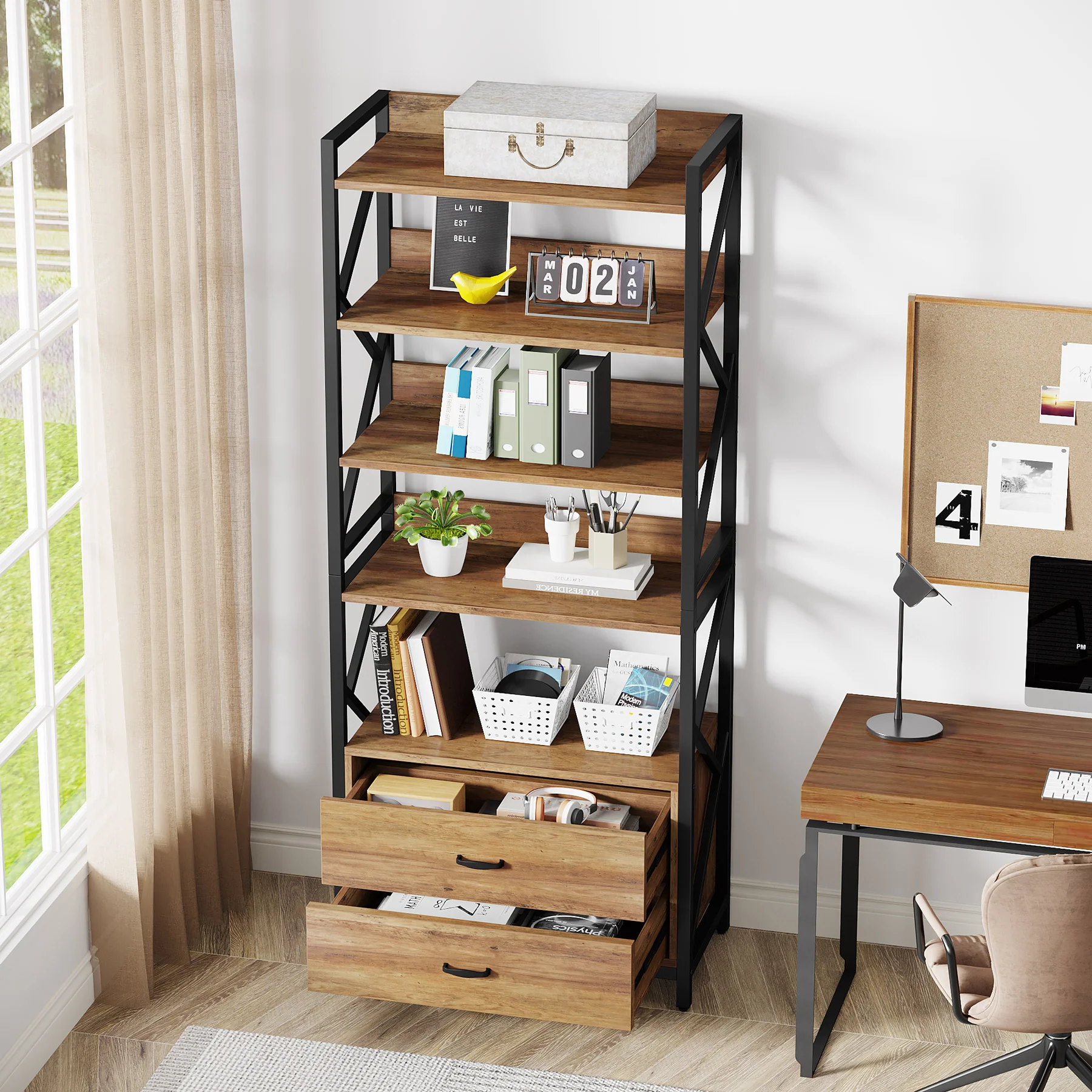 70.86" Bookshelf, Industrial 5-Tier Bookcase with 2 Drawers - Image 4