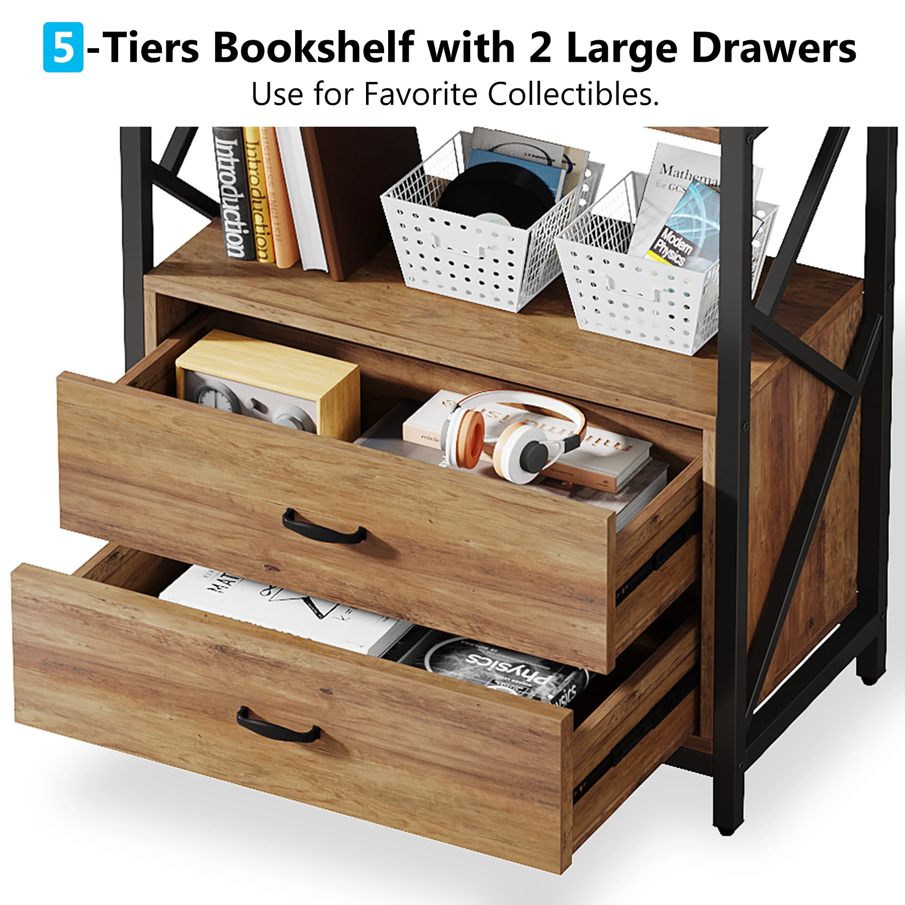 70.86" Bookshelf, Industrial 5-Tier Bookcase with 2 Drawers - Image 5