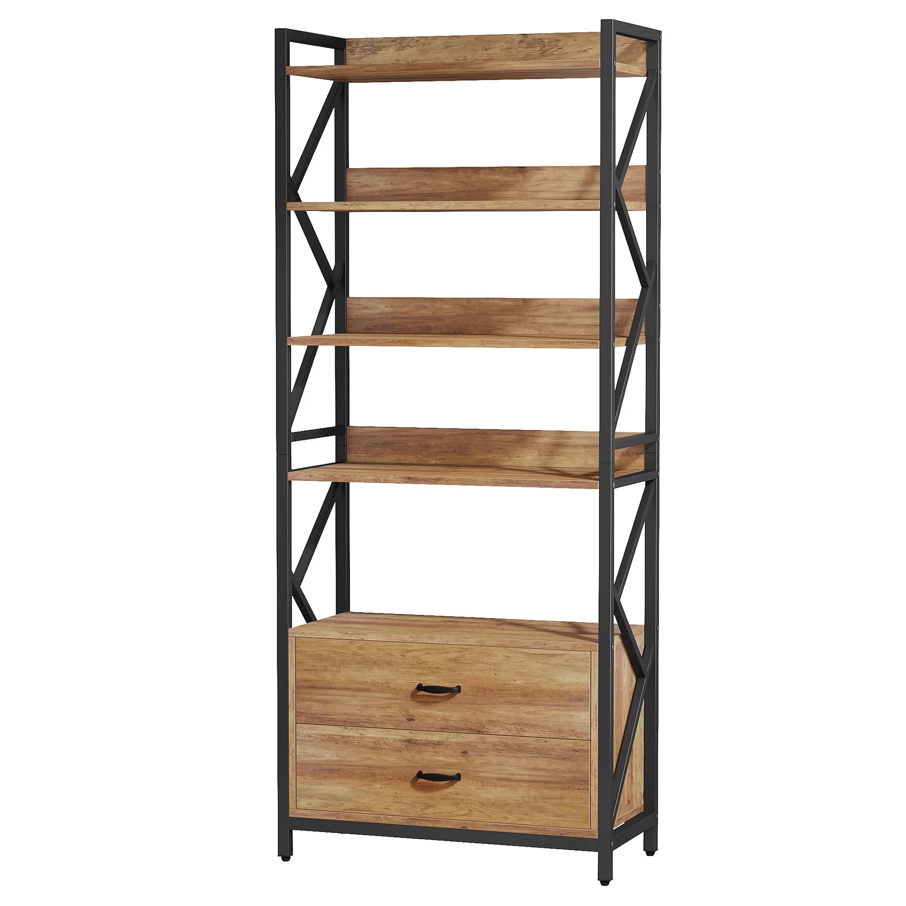 70.86" Bookshelf, Industrial 5-Tier Bookcase with 2 Drawers - Image 7