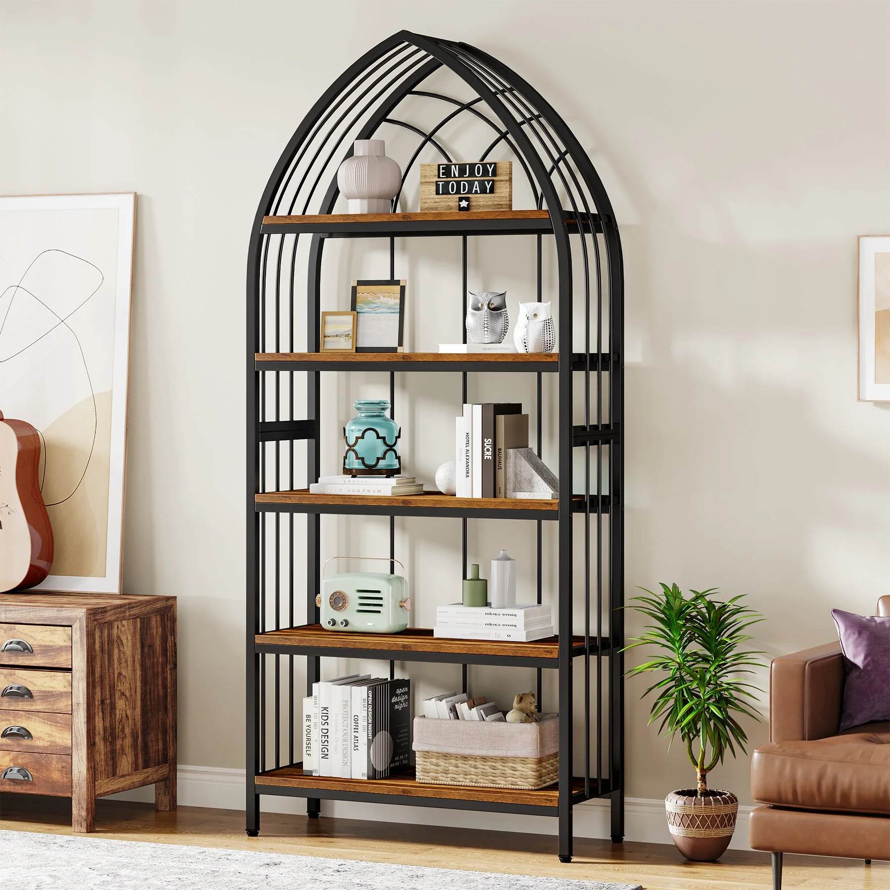 5-Tier Bookshelf, 74.8" Industrial Curved Wooden Bookcase