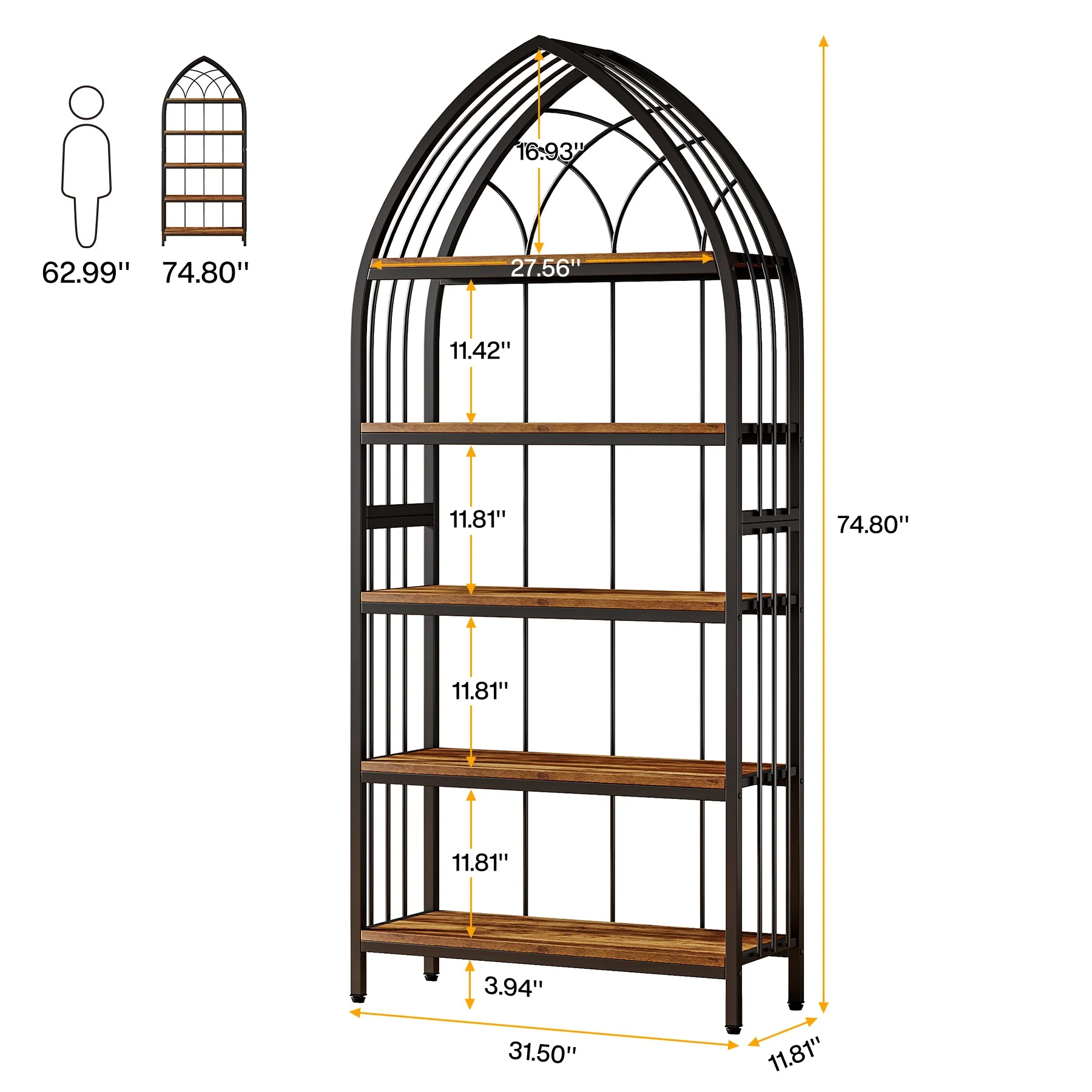5-Tier Bookshelf, 74.8" Industrial Curved Wooden Bookcase - Image 2
