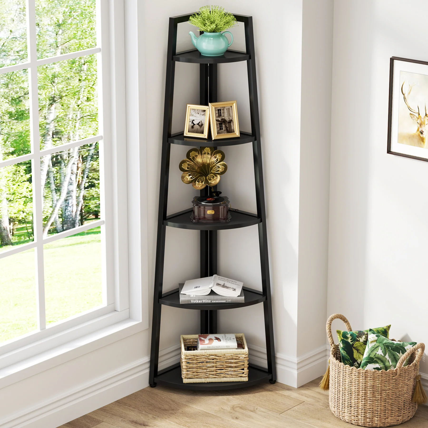 5-Tier Corner Bookshelf, 70" Tall Corner Shelves Plant Stand for Living Room - Image 10