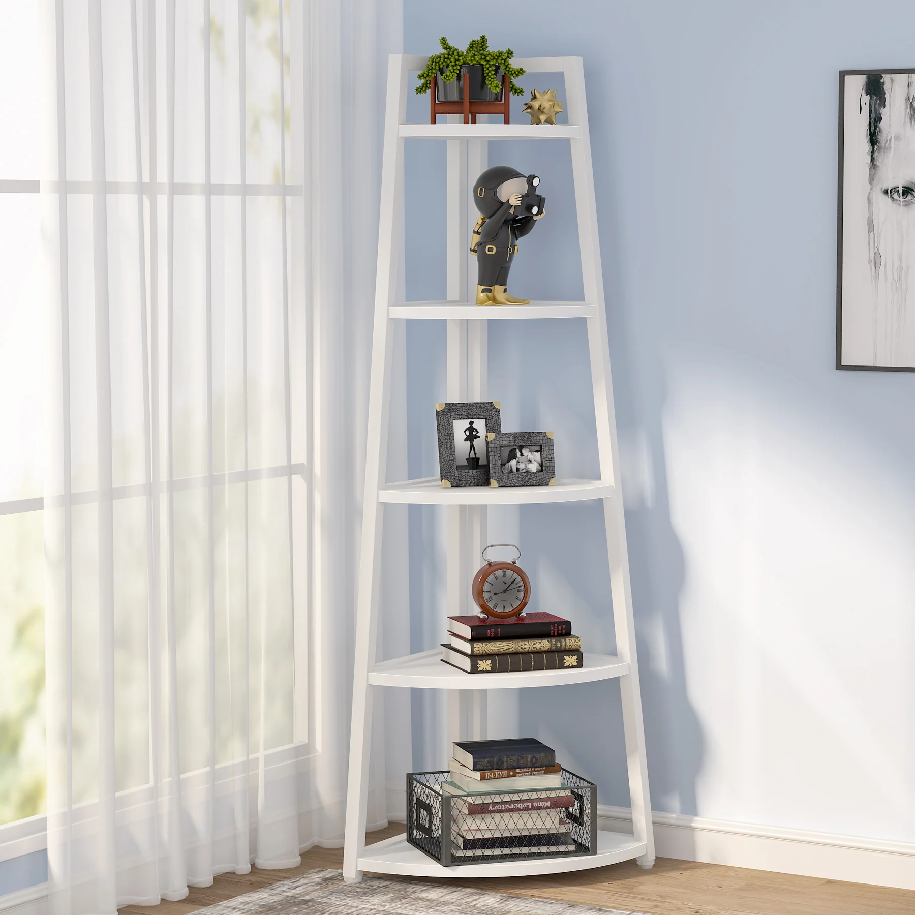 5-Tier Corner Bookshelf, 70" Tall Corner Shelves Plant Stand for Living Room - Image 3