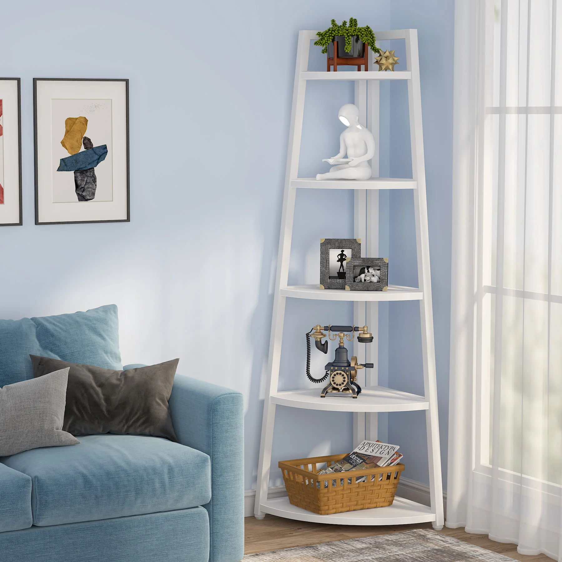 5-Tier Corner Bookshelf, 70" Tall Corner Shelves Plant Stand for Living Room - Image 4