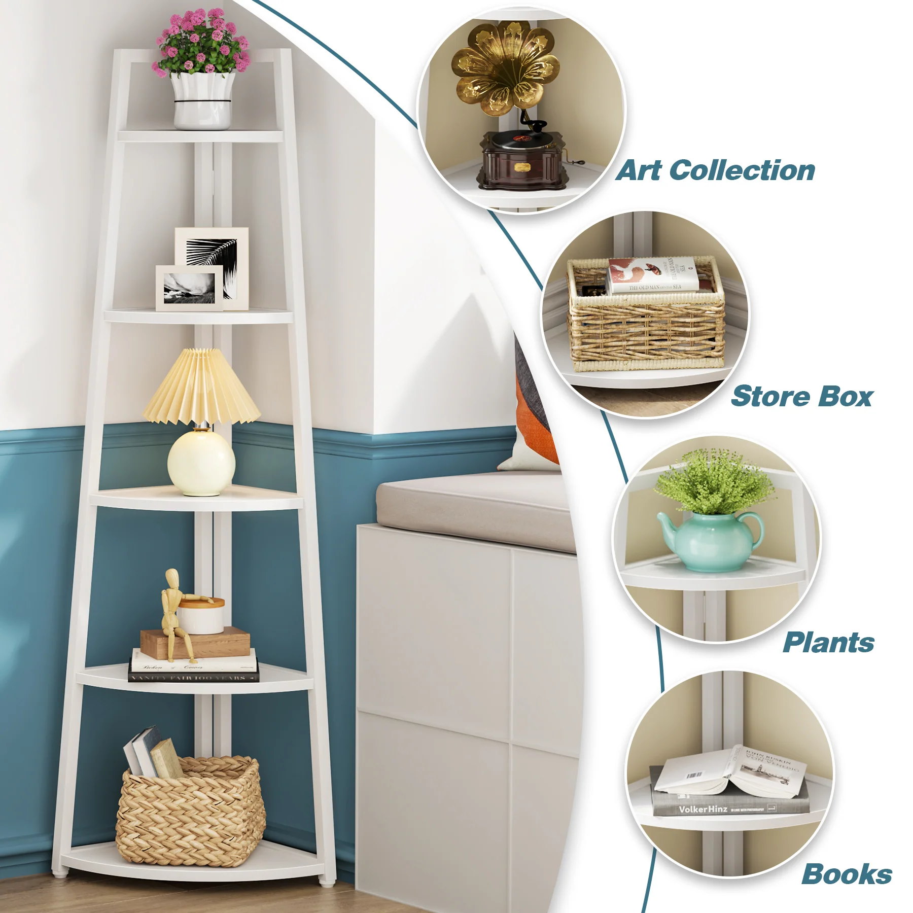 5-Tier Corner Bookshelf, 70" Tall Corner Shelves Plant Stand for Living Room - Image 6