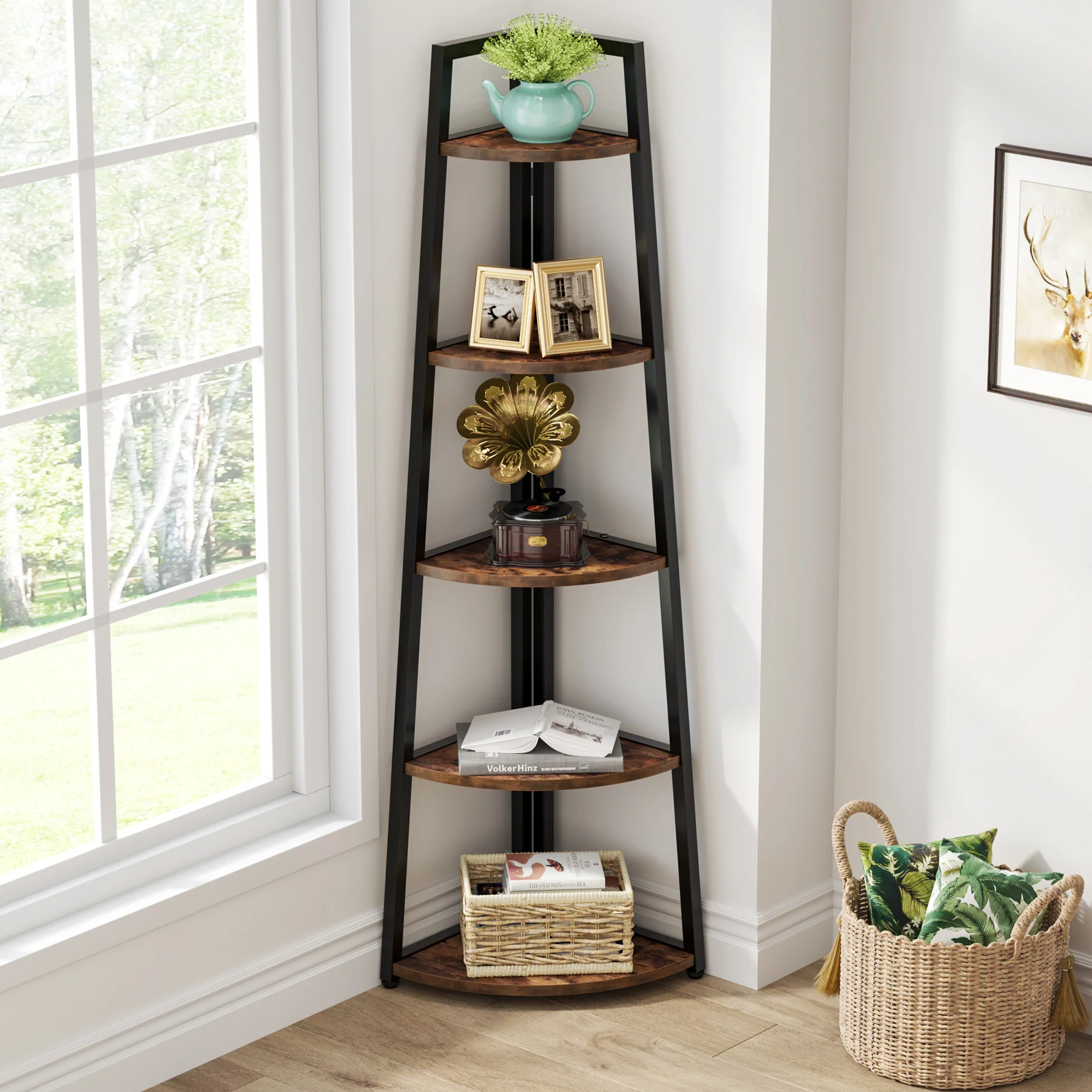 5-Tier Corner Bookshelf, 70" Tall Corner Shelves Plant Stand for Living Room - Image 8