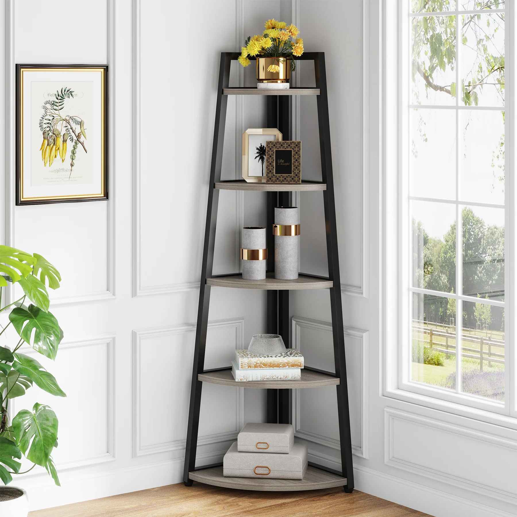 5-Tier Corner Bookshelf, 70" Tall Corner Shelves Plant Stand for Living Room - Image 9