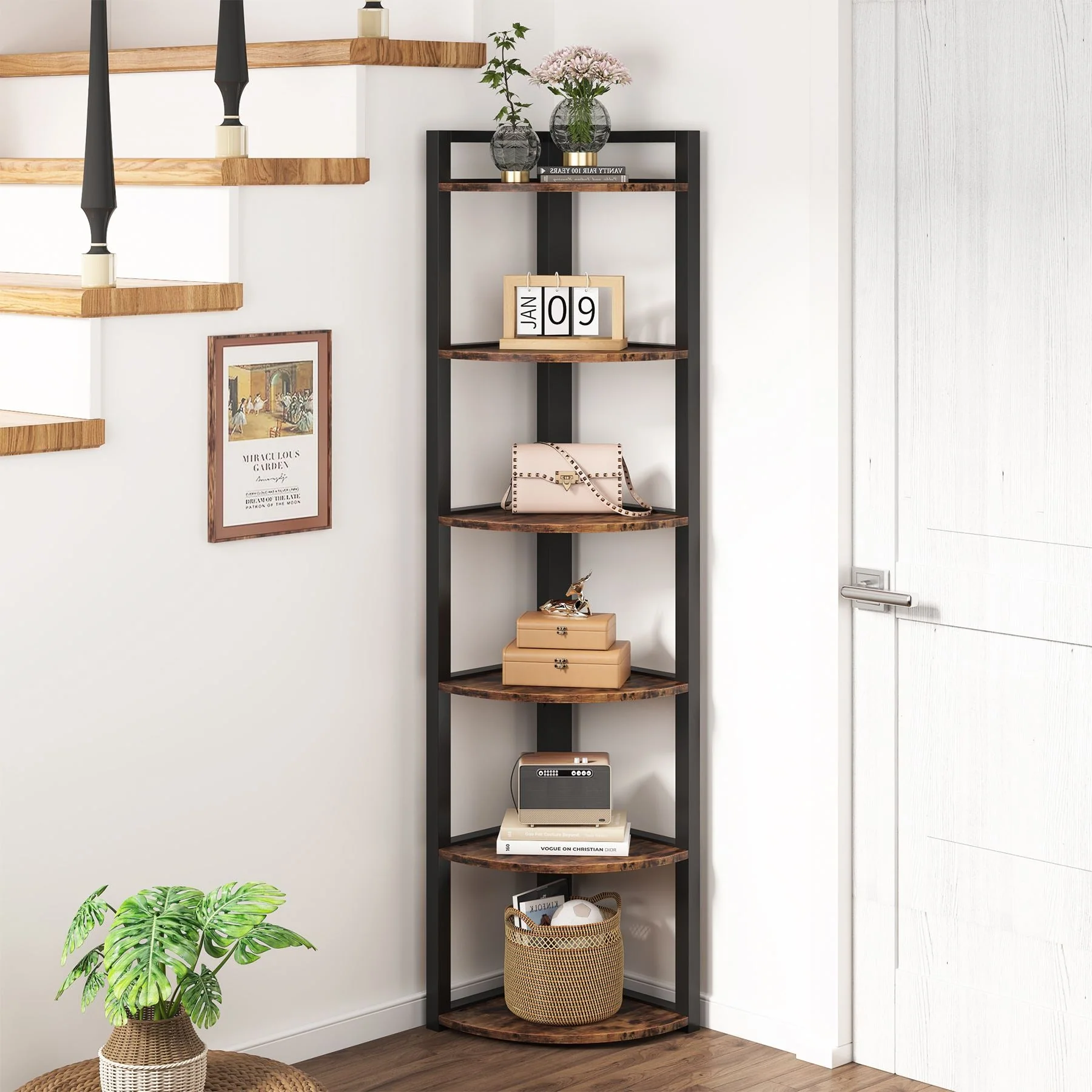 6-Tier Corner Shelf, Small Corner Bookshelf Storage Rack - Image 4
