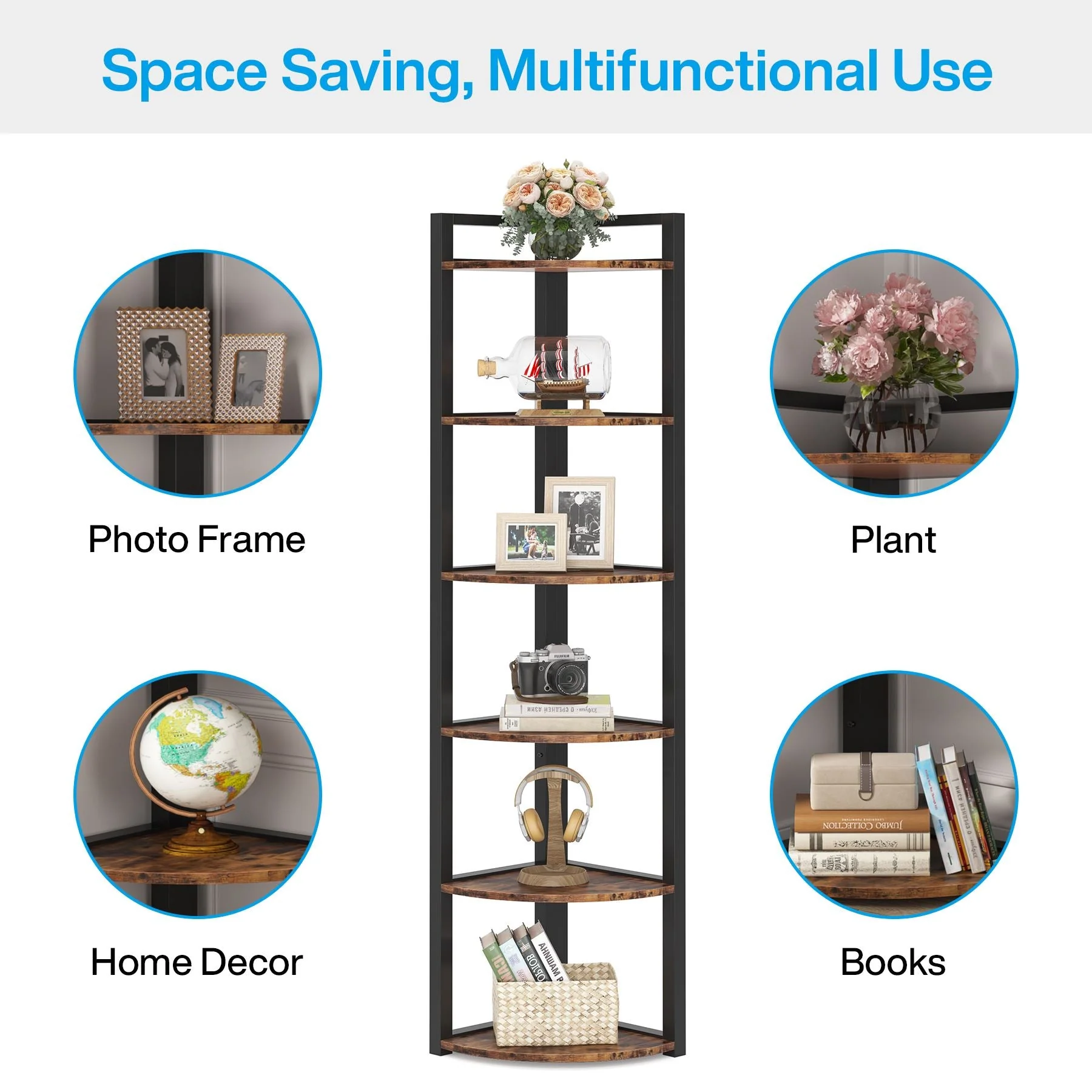 6-Tier Corner Shelf, Small Corner Bookshelf Storage Rack - Image 5