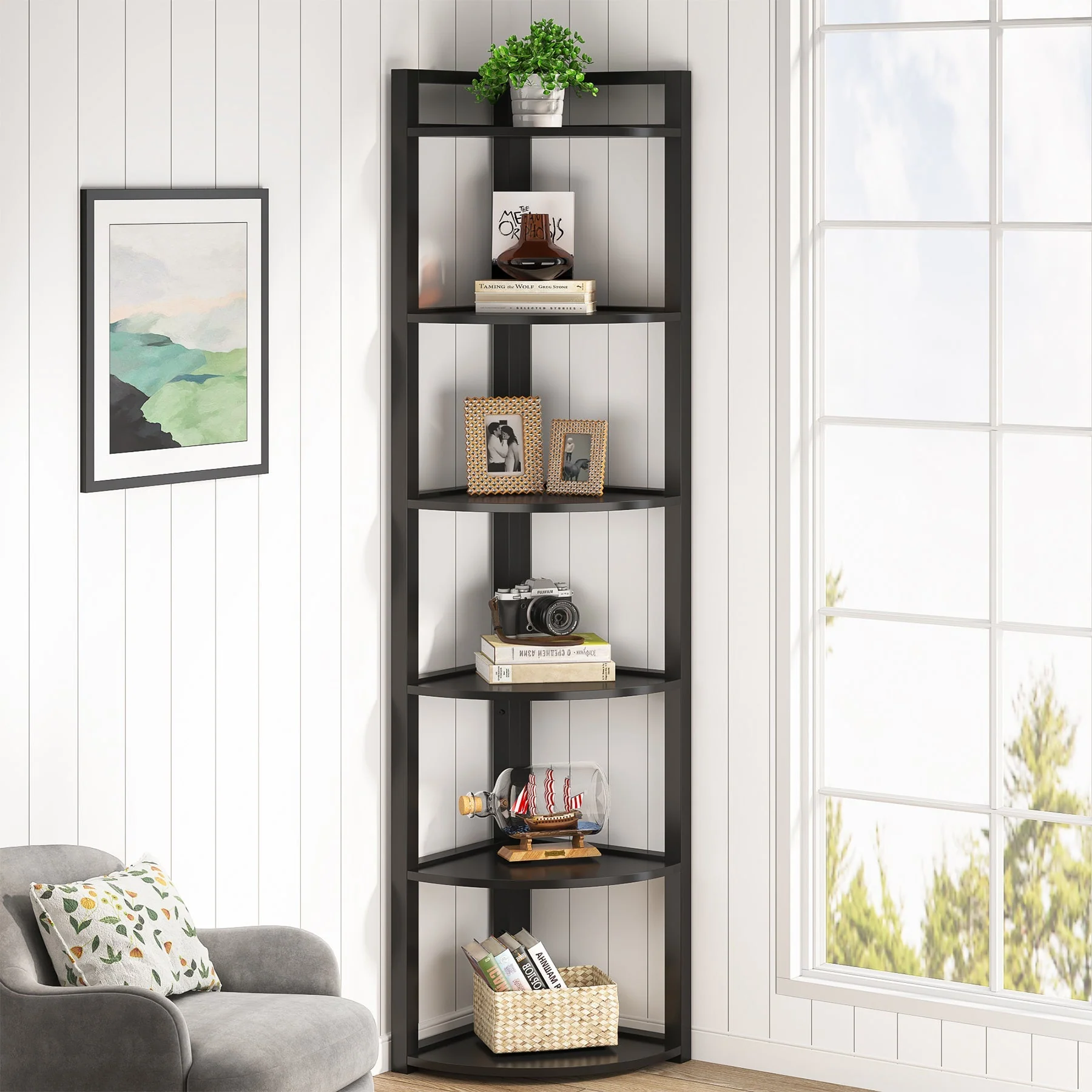 6-Tier Corner Shelf, Small Corner Bookshelf Storage Rack - Image 7
