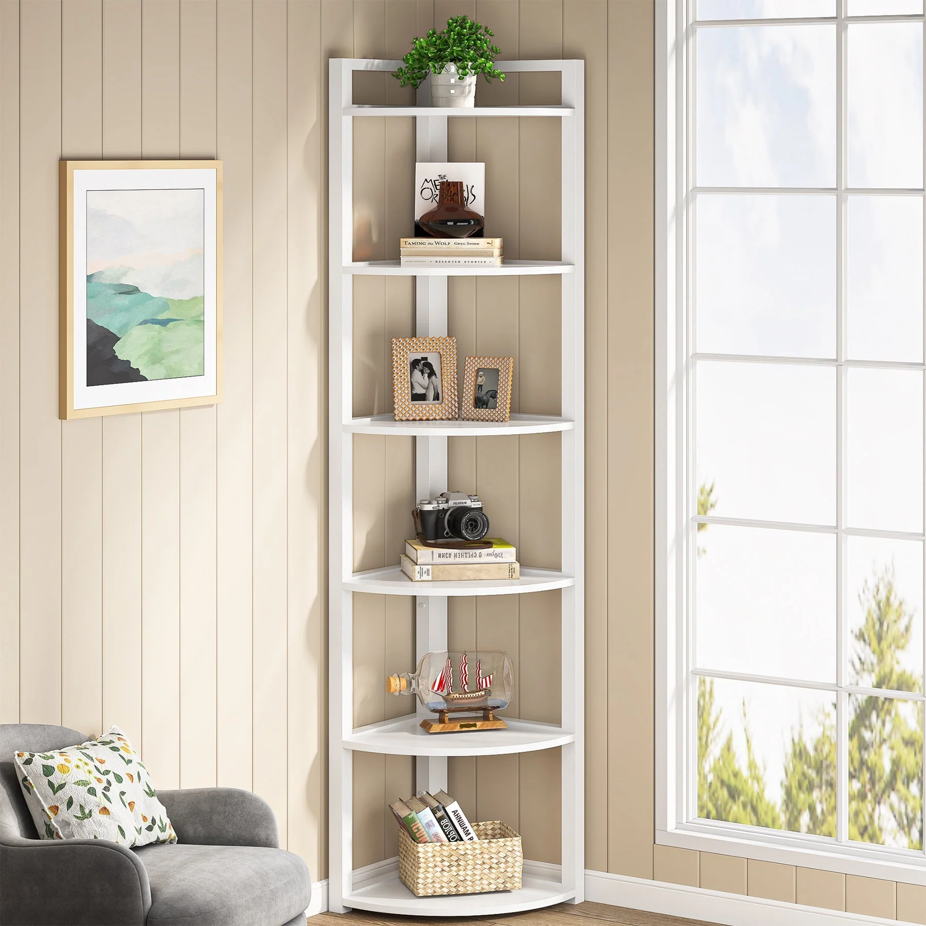6-Tier Corner Shelf, Small Corner Bookshelf Storage Rack - Image 9