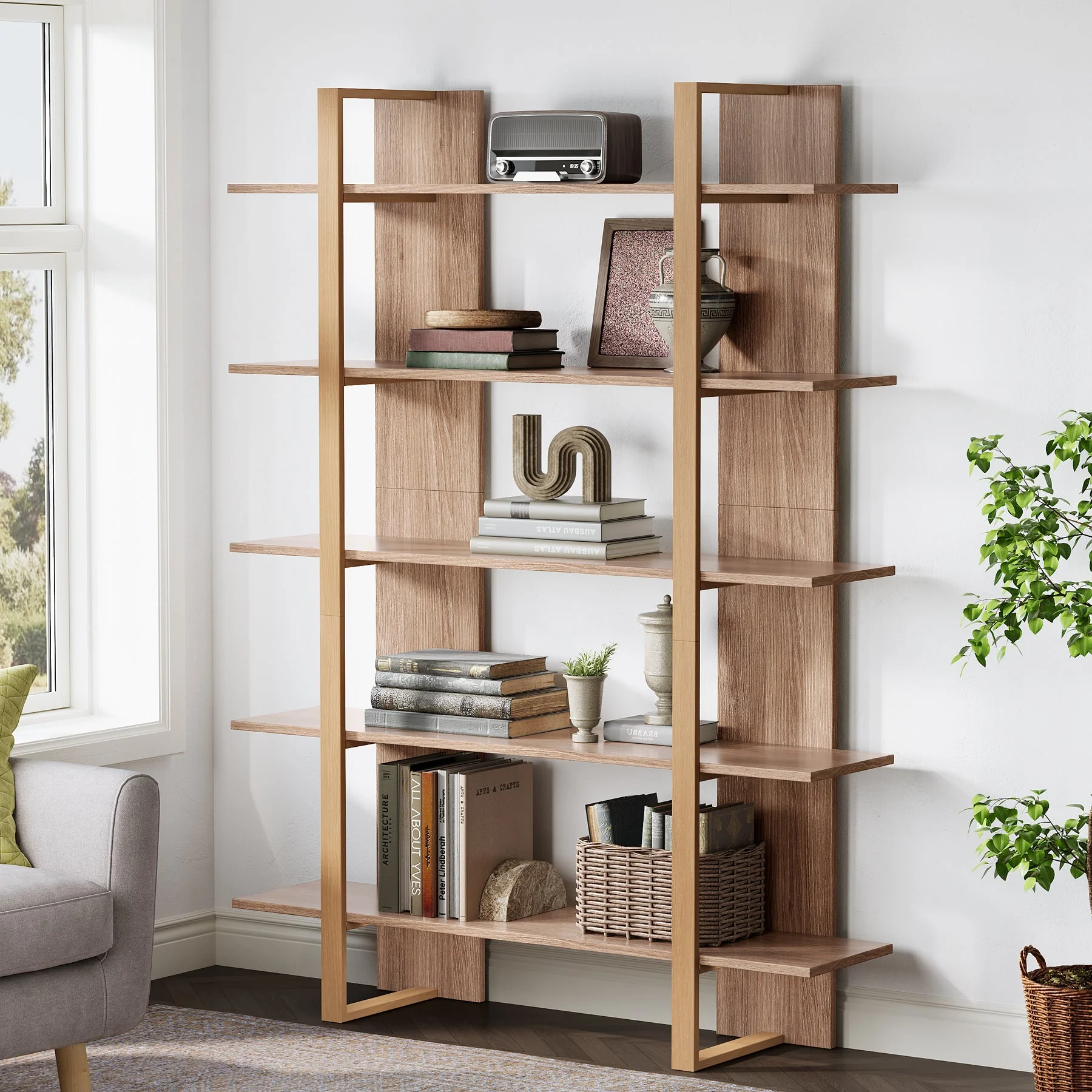 70.8" Bookshelf, 5-Tier Etagere Bookcase Display Shelf - Image 3