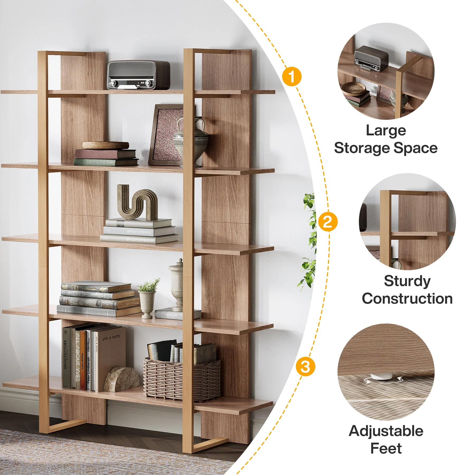 70.8" Bookshelf, 5-Tier Etagere Bookcase Display Shelf - Image 6