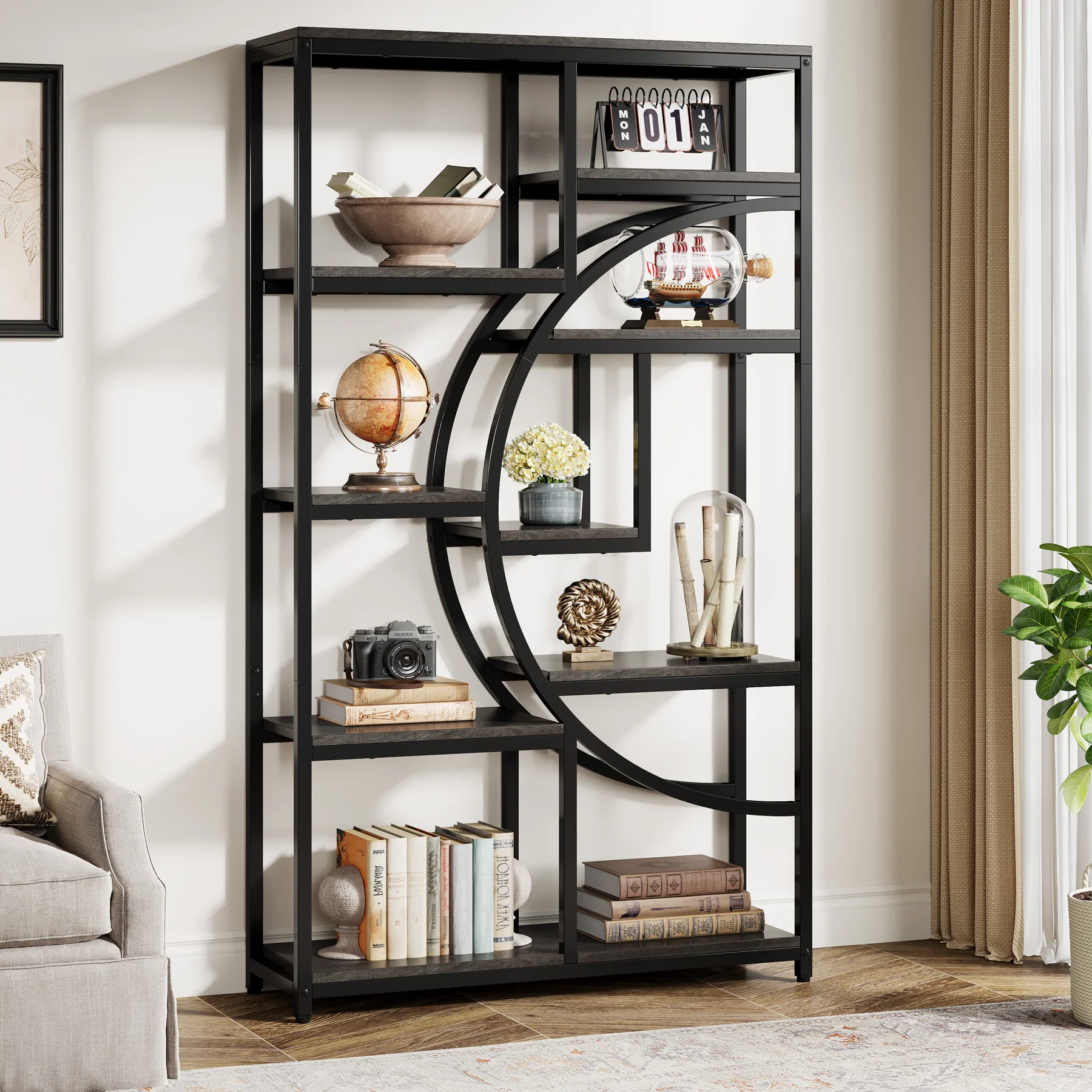 5-Tier Etagere Bookshelf, 68.9" Bookcase with 9 Open Shelves - Image 12