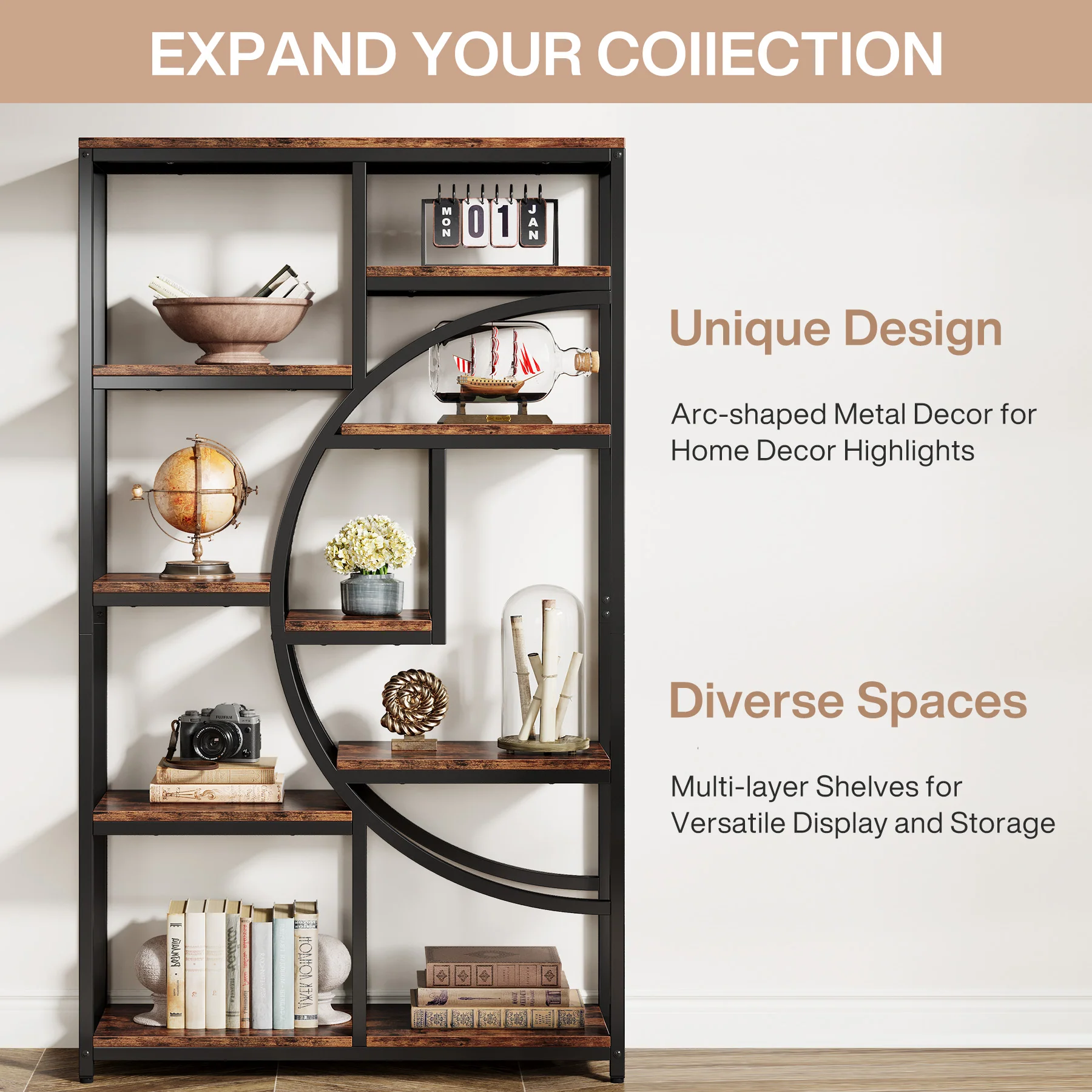 5-Tier Etagere Bookshelf, 68.9" Bookcase with 9 Open Shelves - Image 8