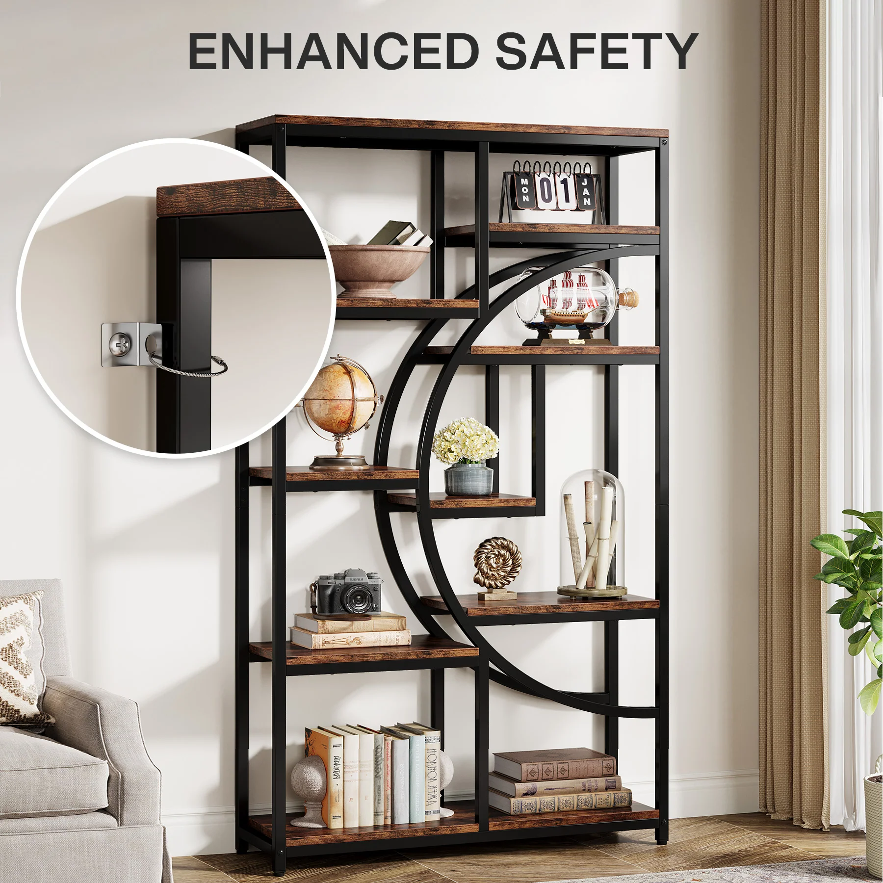 5-Tier Etagere Bookshelf, 68.9" Bookcase with 9 Open Shelves - Image 9