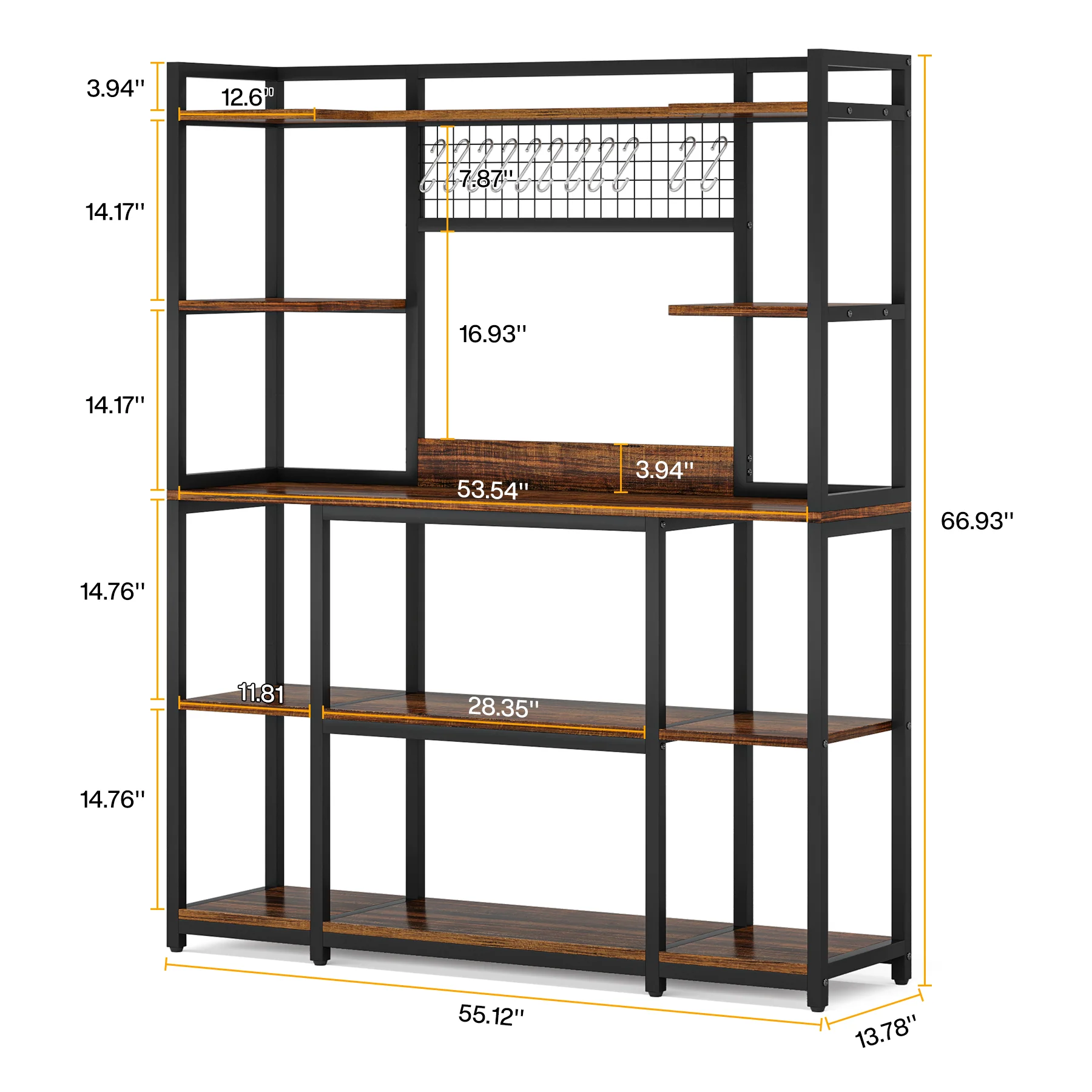 5-Tier Kitchen Baker's Rack, 55" Wide Kitchen Storage Shelf with 11 Hooks - Image 2