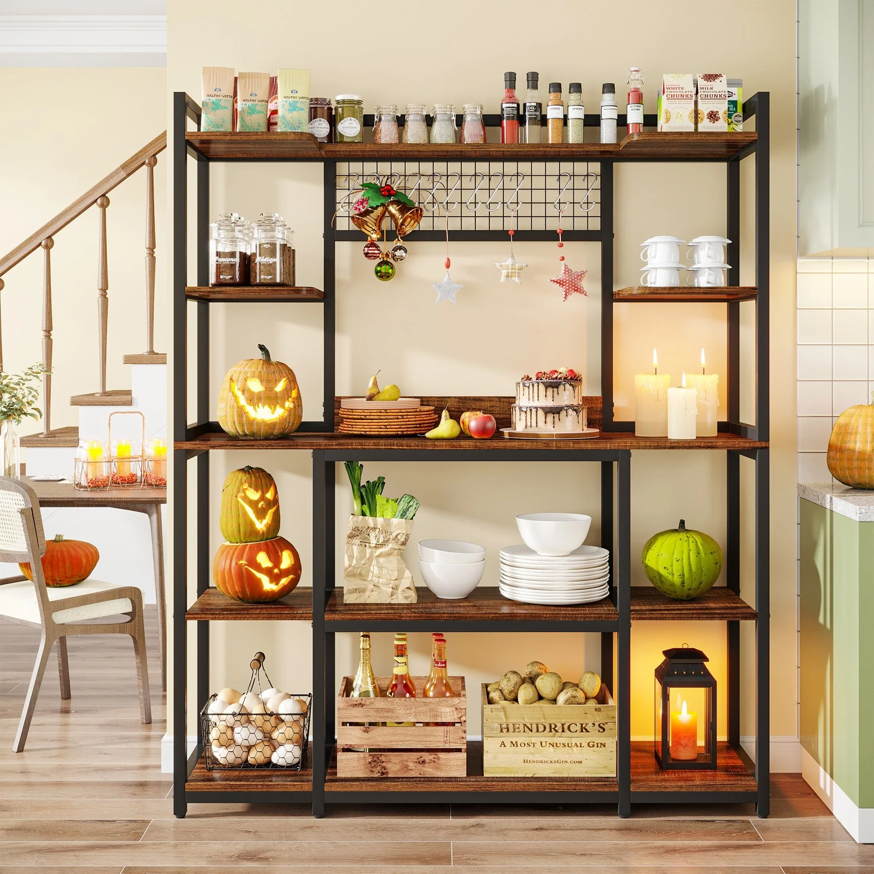 5-Tier Kitchen Baker's Rack, 55" Wide Kitchen Storage Shelf with 11 Hooks - Image 3