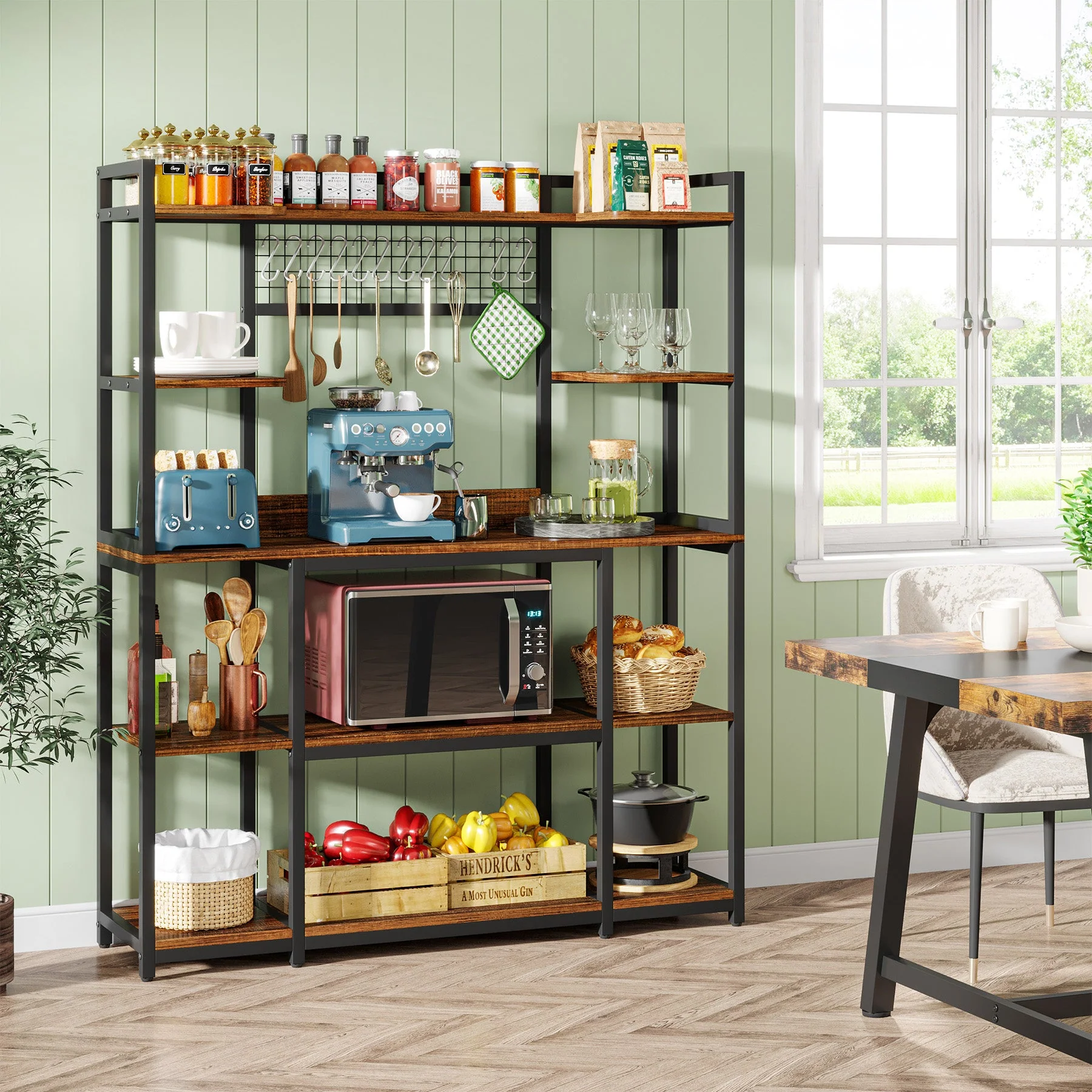 5-Tier Kitchen Baker's Rack, 55" Wide Kitchen Storage Shelf with 11 Hooks - Image 4