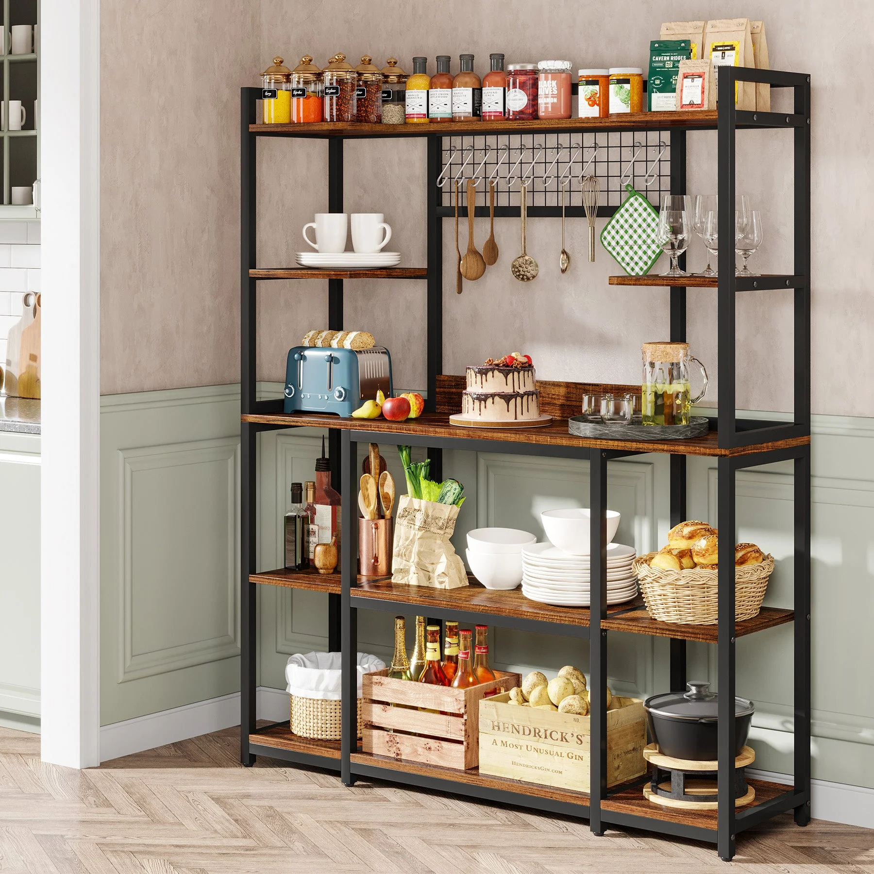5-Tier Kitchen Baker's Rack, 55" Wide Kitchen Storage Shelf with 11 Hooks - Image 5