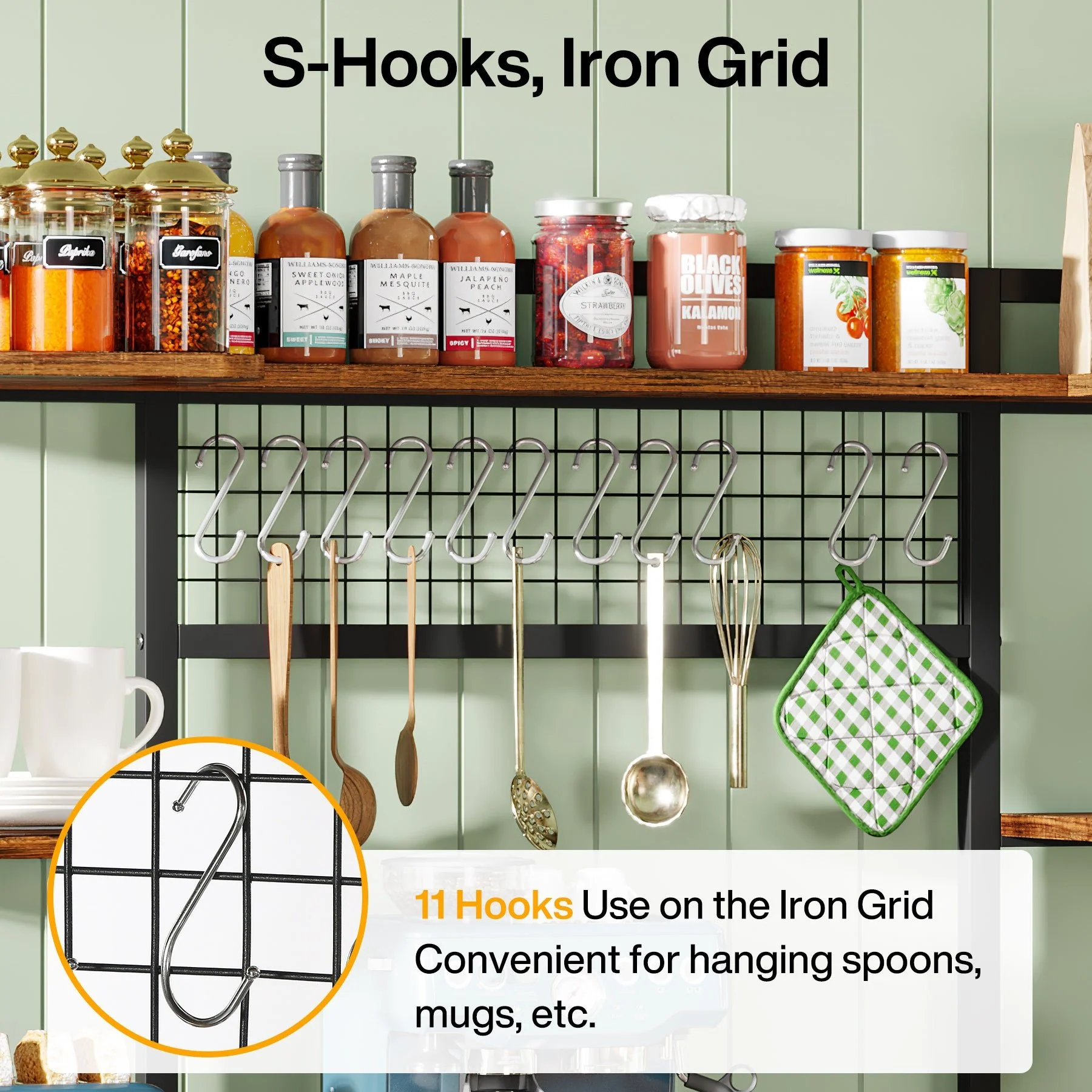 5-Tier Kitchen Baker's Rack, 55" Wide Kitchen Storage Shelf with 11 Hooks - Image 6