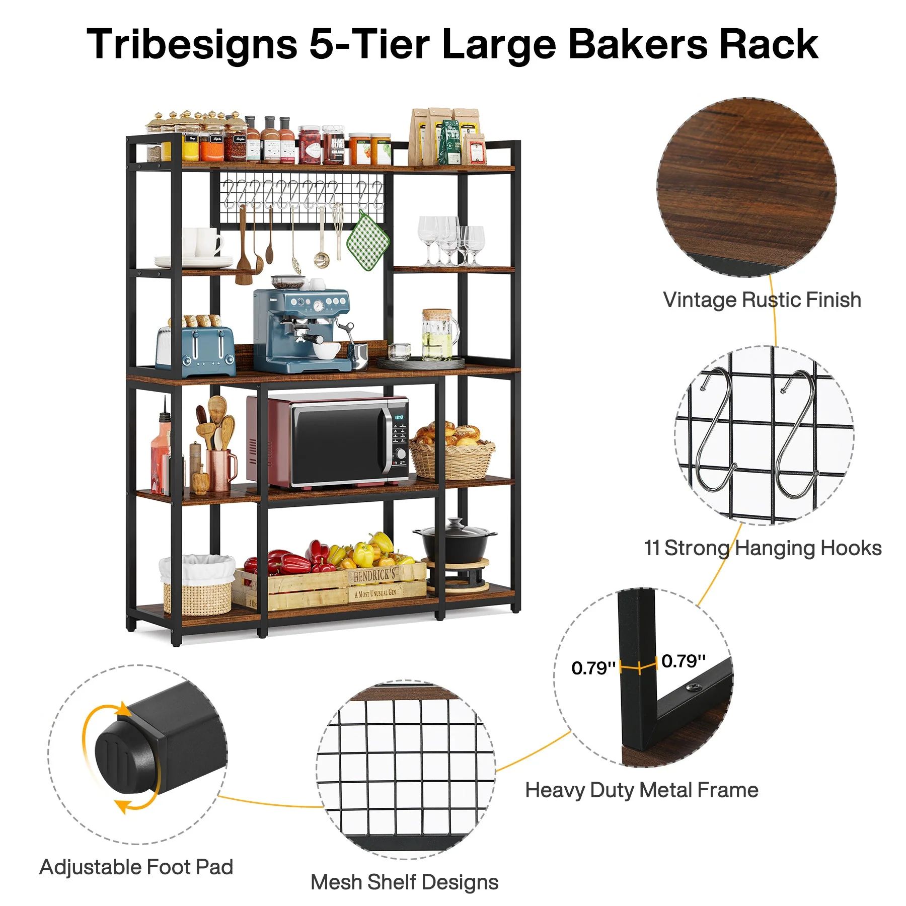 5-Tier Kitchen Baker's Rack, 55" Wide Kitchen Storage Shelf with 11 Hooks - Image 7