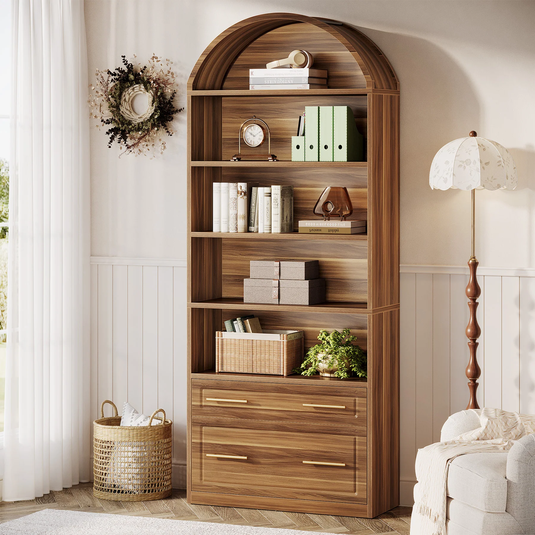 76.8" Arched Bookcase, 5-Tier Modern Bookshelf Display Shelf with File Cabinet Drawer - Image 10