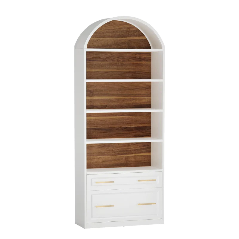 76.8" Arched Bookcase, 5-Tier Modern Bookshelf Display Shelf with File Cabinet Drawer - Image 12