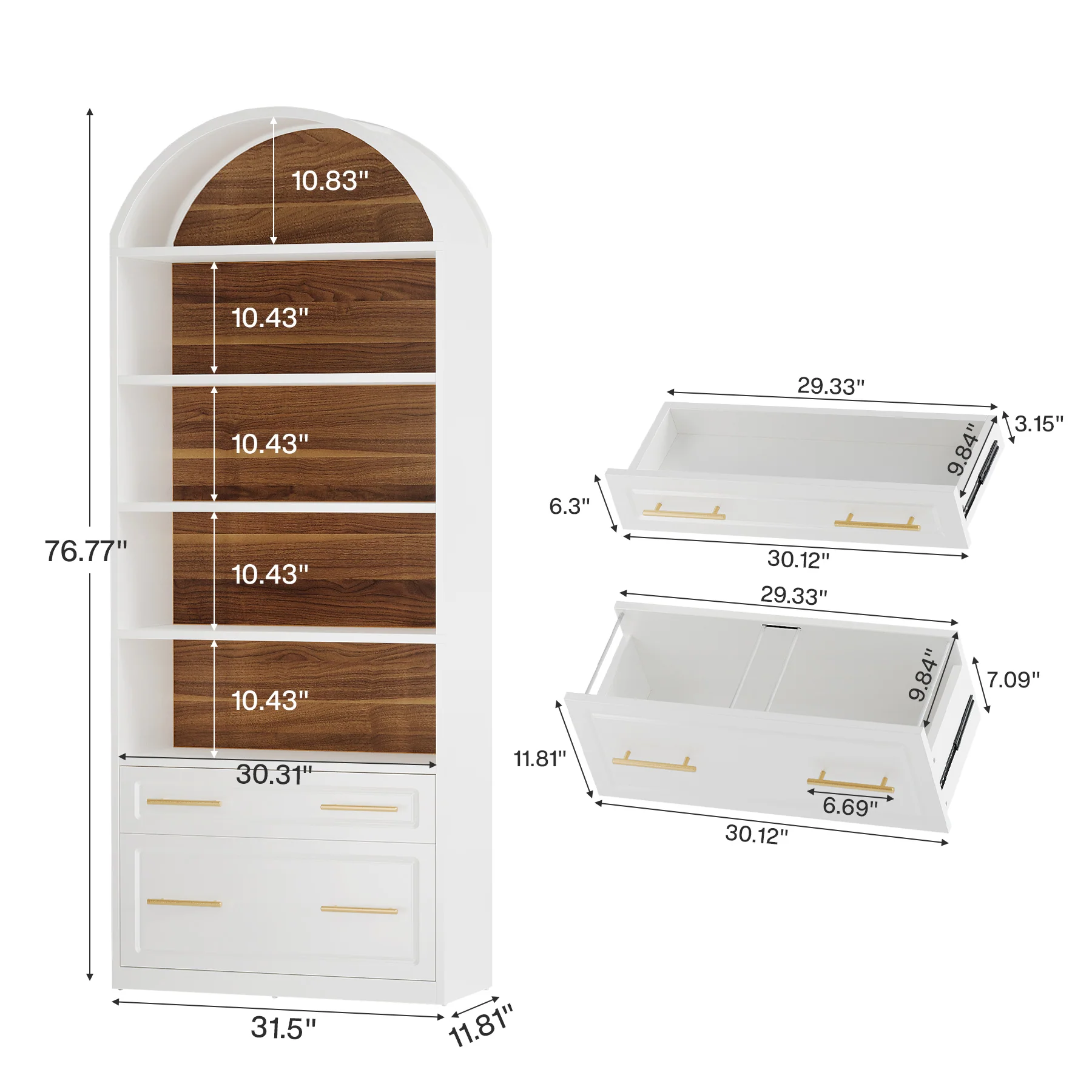 76.8" Arched Bookcase, 5-Tier Modern Bookshelf Display Shelf with File Cabinet Drawer - Image 2