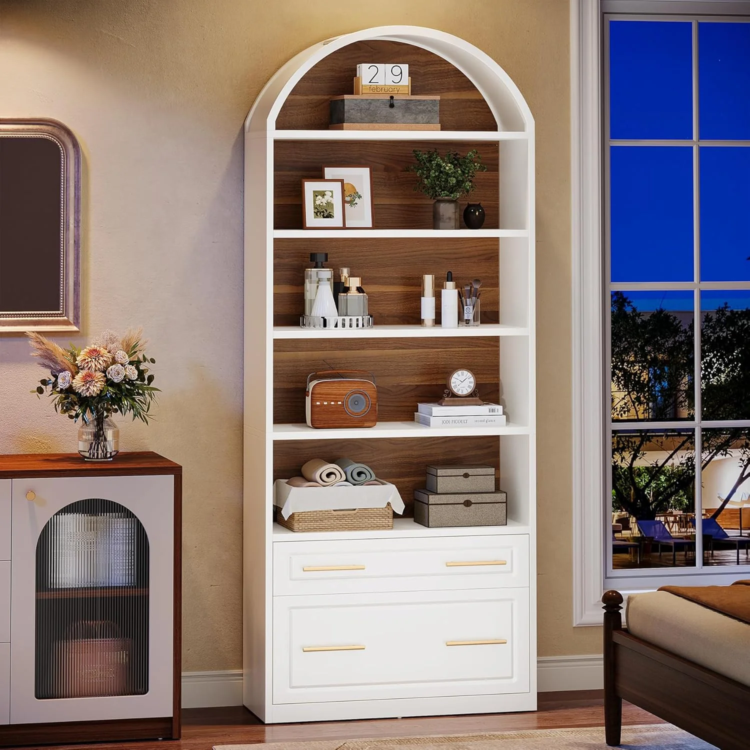 76.8" Arched Bookcase, 5-Tier Modern Bookshelf Display Shelf with File Cabinet Drawer - Image 3