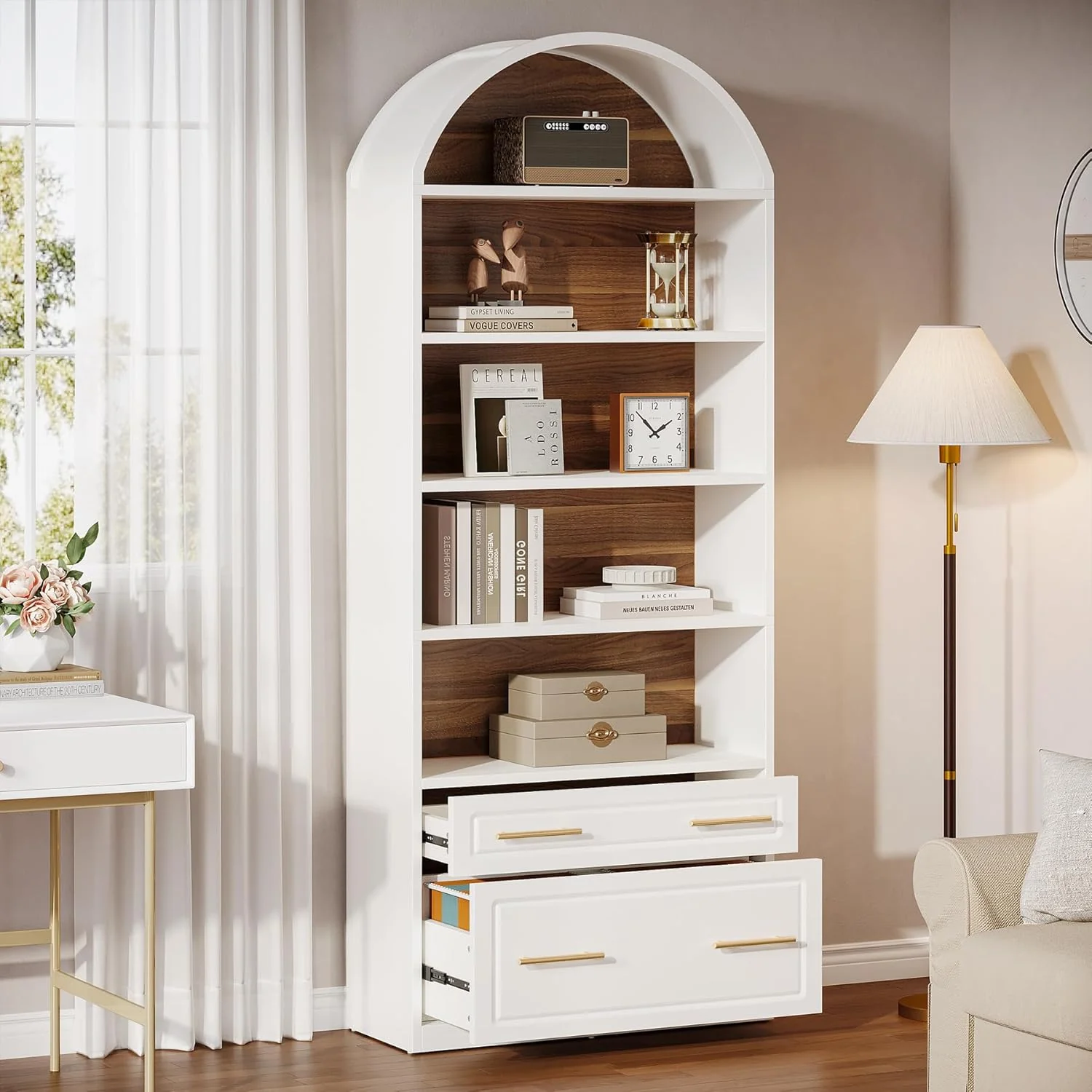 76.8" Arched Bookcase, 5-Tier Modern Bookshelf Display Shelf with File Cabinet Drawer - Image 4