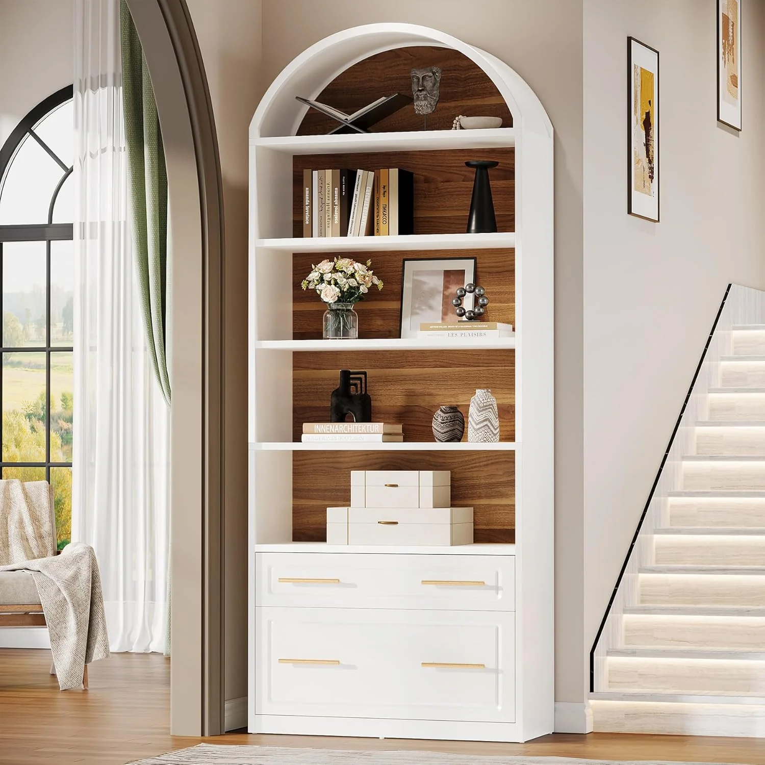 76.8" Arched Bookcase, 5-Tier Modern Bookshelf Display Shelf with File Cabinet Drawer - Image 5