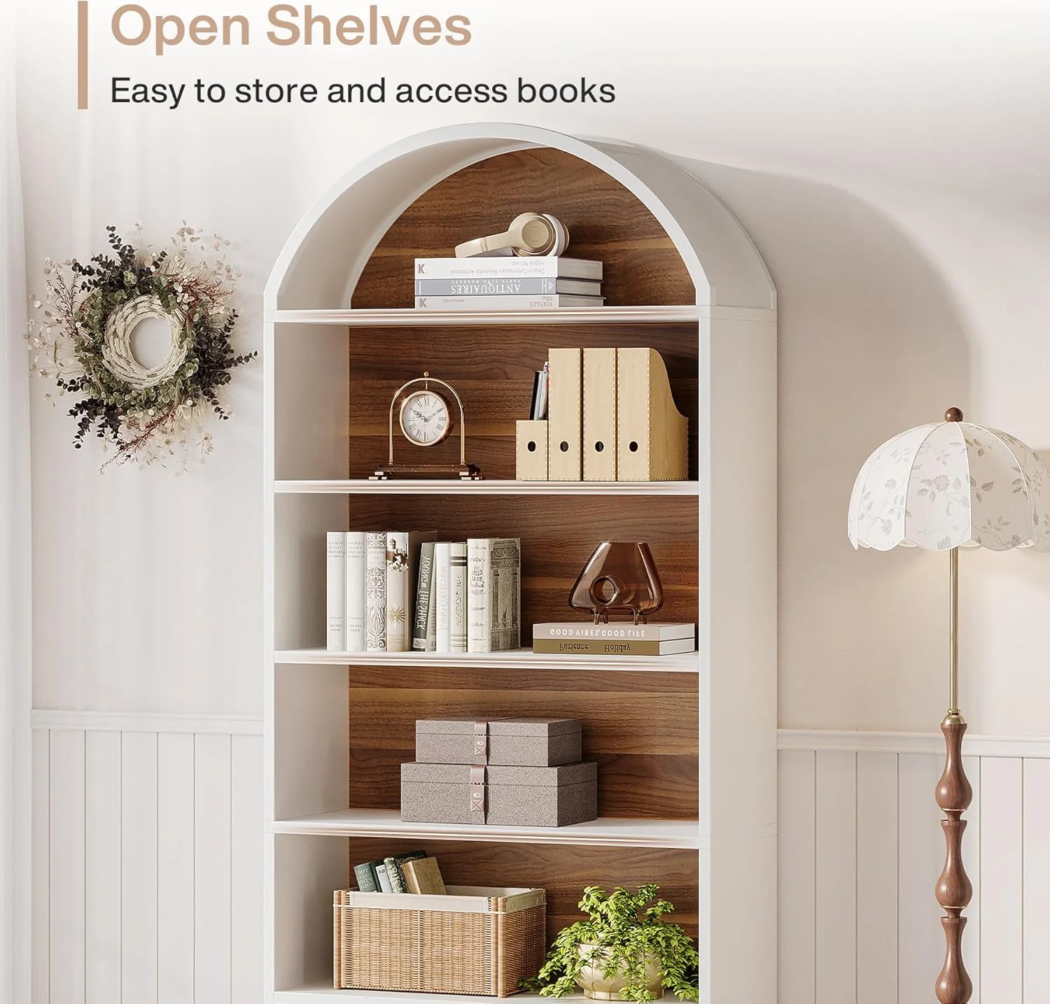 76.8" Arched Bookcase, 5-Tier Modern Bookshelf Display Shelf with File Cabinet Drawer - Image 6