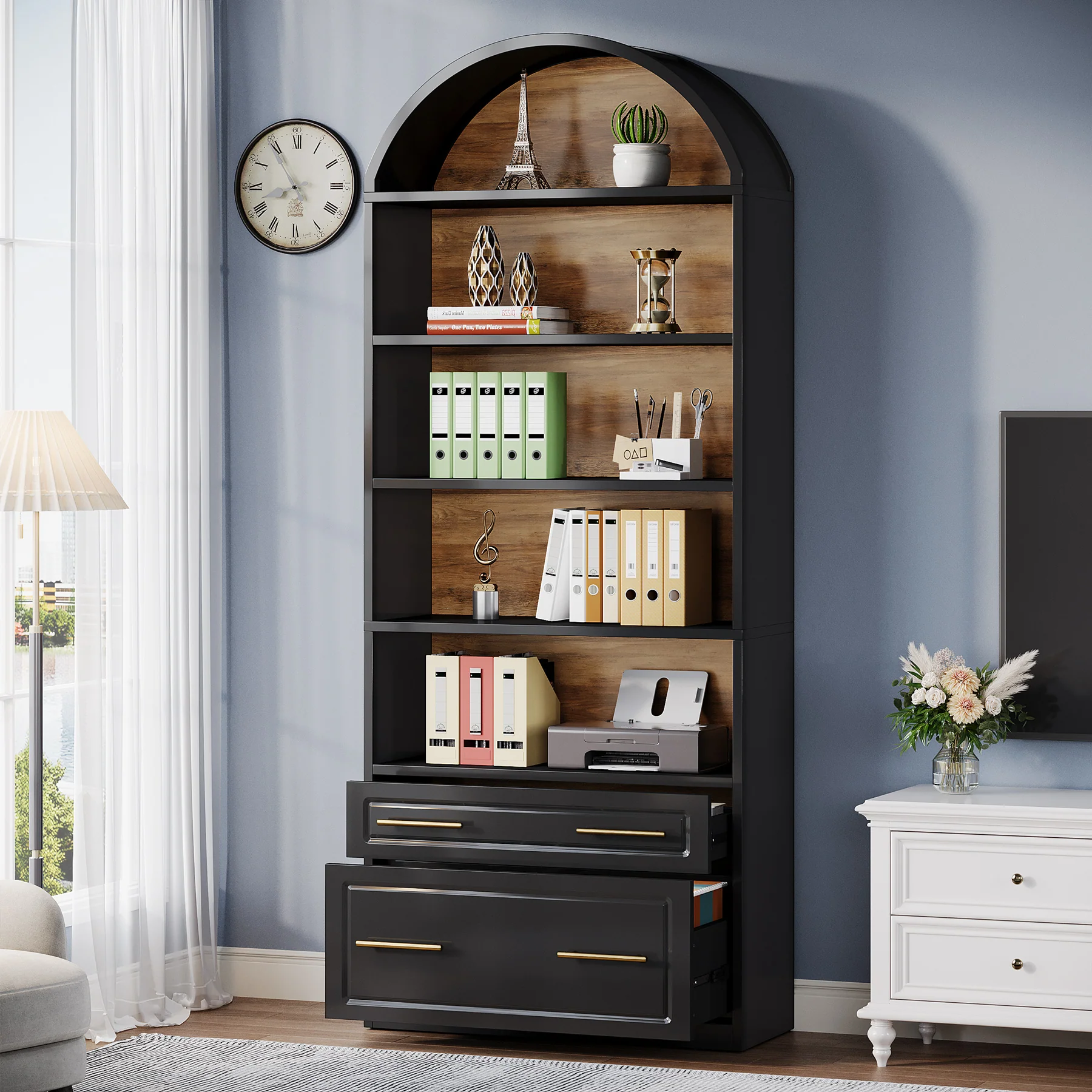 76.8" Arched Bookcase, 5-Tier Modern Bookshelf Display Shelf with File Cabinet Drawer - Image 8