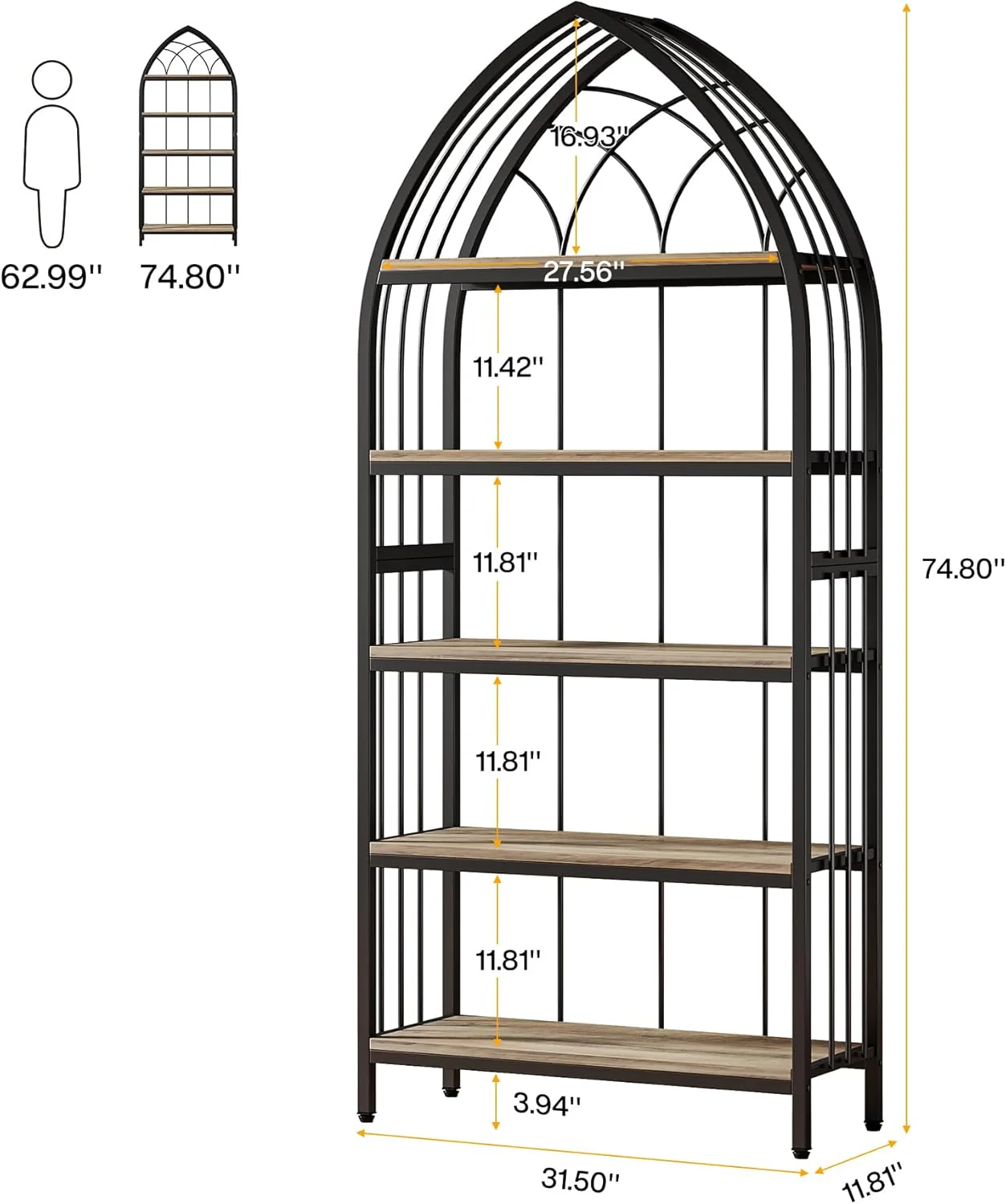 5-Tier Bookshelf, 74.8" Industrial Curved Wooden Bookcase - Image 8