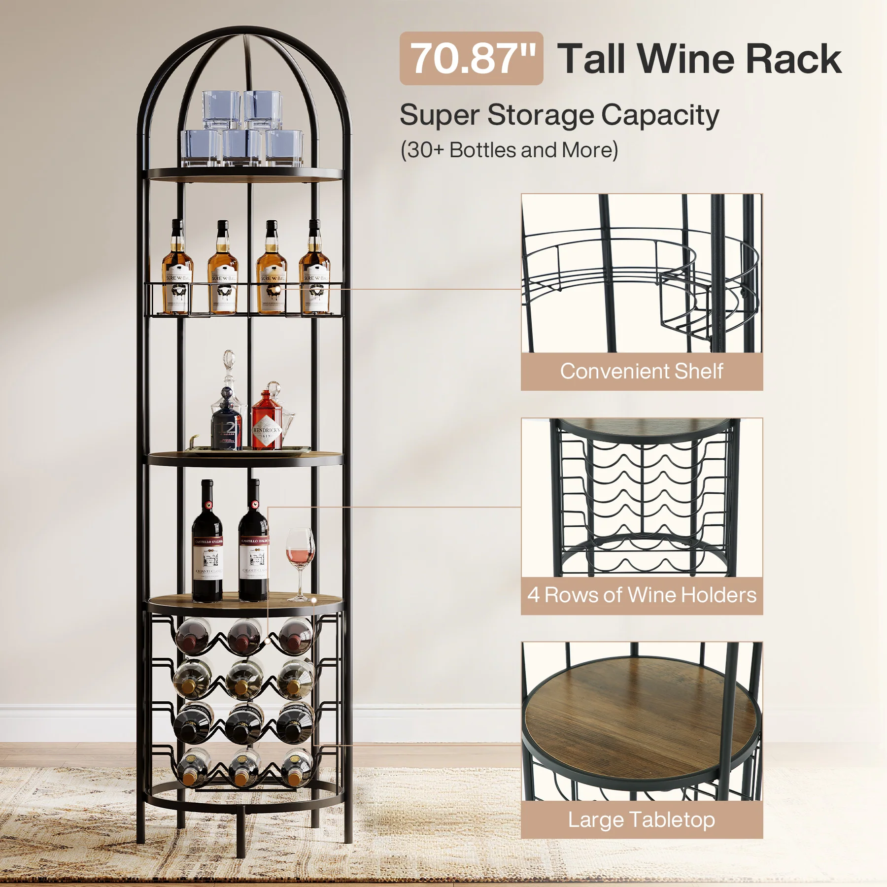 5-Tier Wine Rack, Industrial Bar Wine Cabinet with Bottle Holder - Image 7