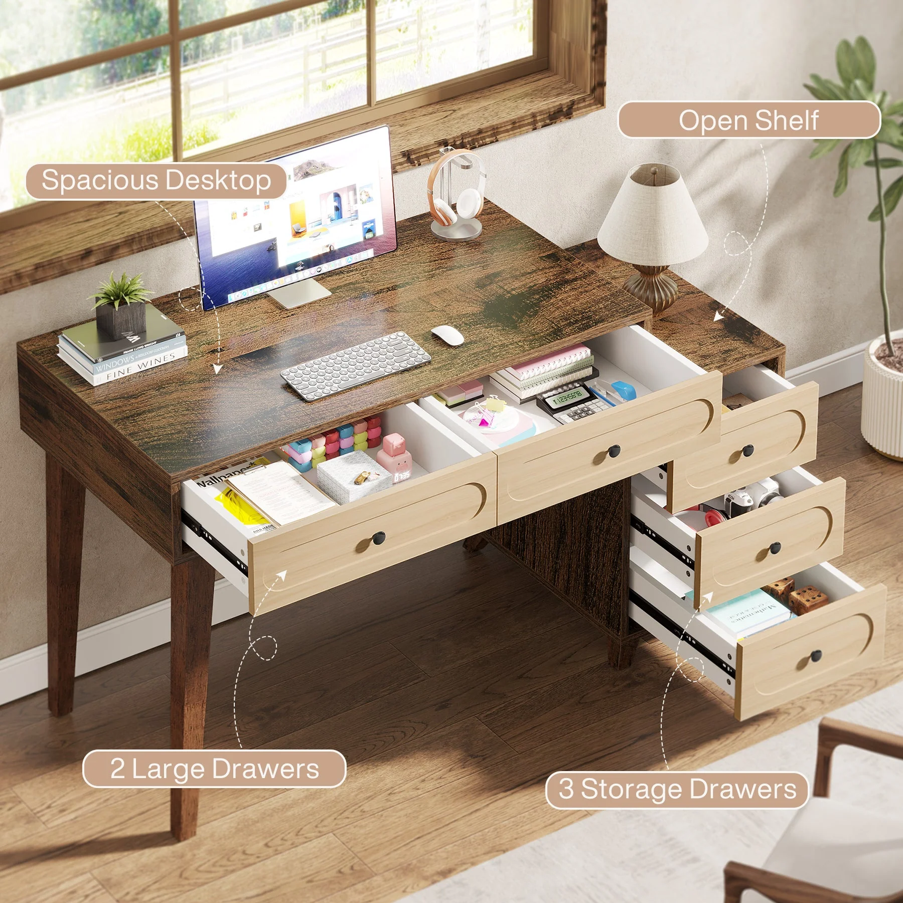 5 Drawers Computer Desk, 51" Study Writing Table with Reversible Drawer Cabinet - Image 7